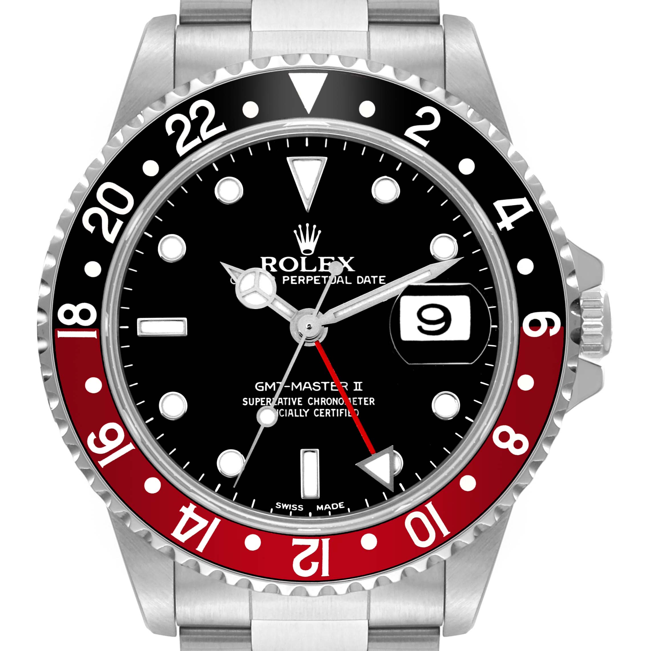 The image shows a front view of a Rolex GMT-Master 16710 Men's Stainless Steel Black Dial 16710 Men's Stainless Steel Black Dial II watch with a black and red bezel, black dial, and date display.