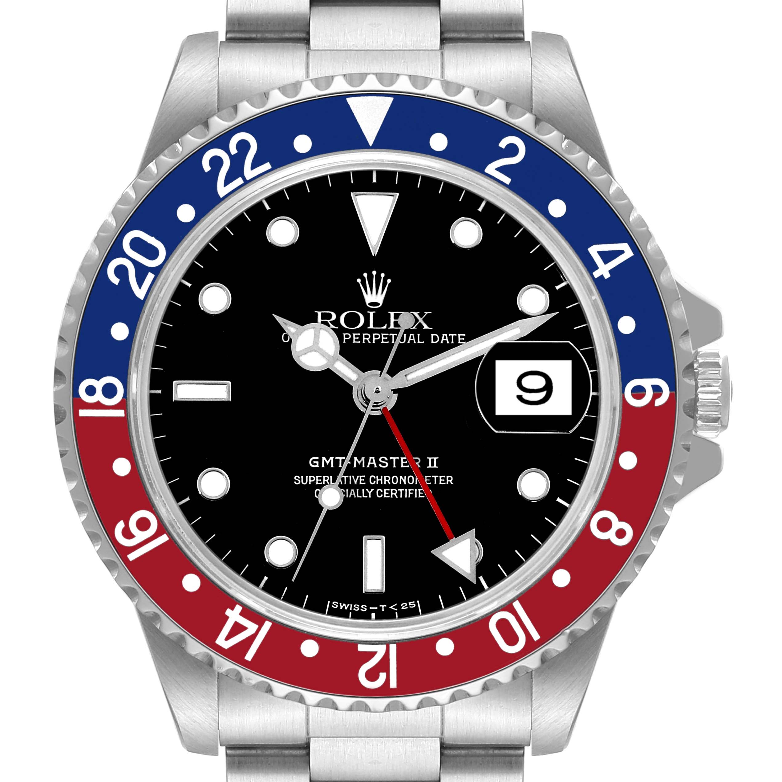 This close-up image showcases the face, bezel, and crown of a Rolex GMT-Master 16710 Men
s Stainless Steel Black Dial 16710 Men
s Stainless Steel Black Dial II watch.