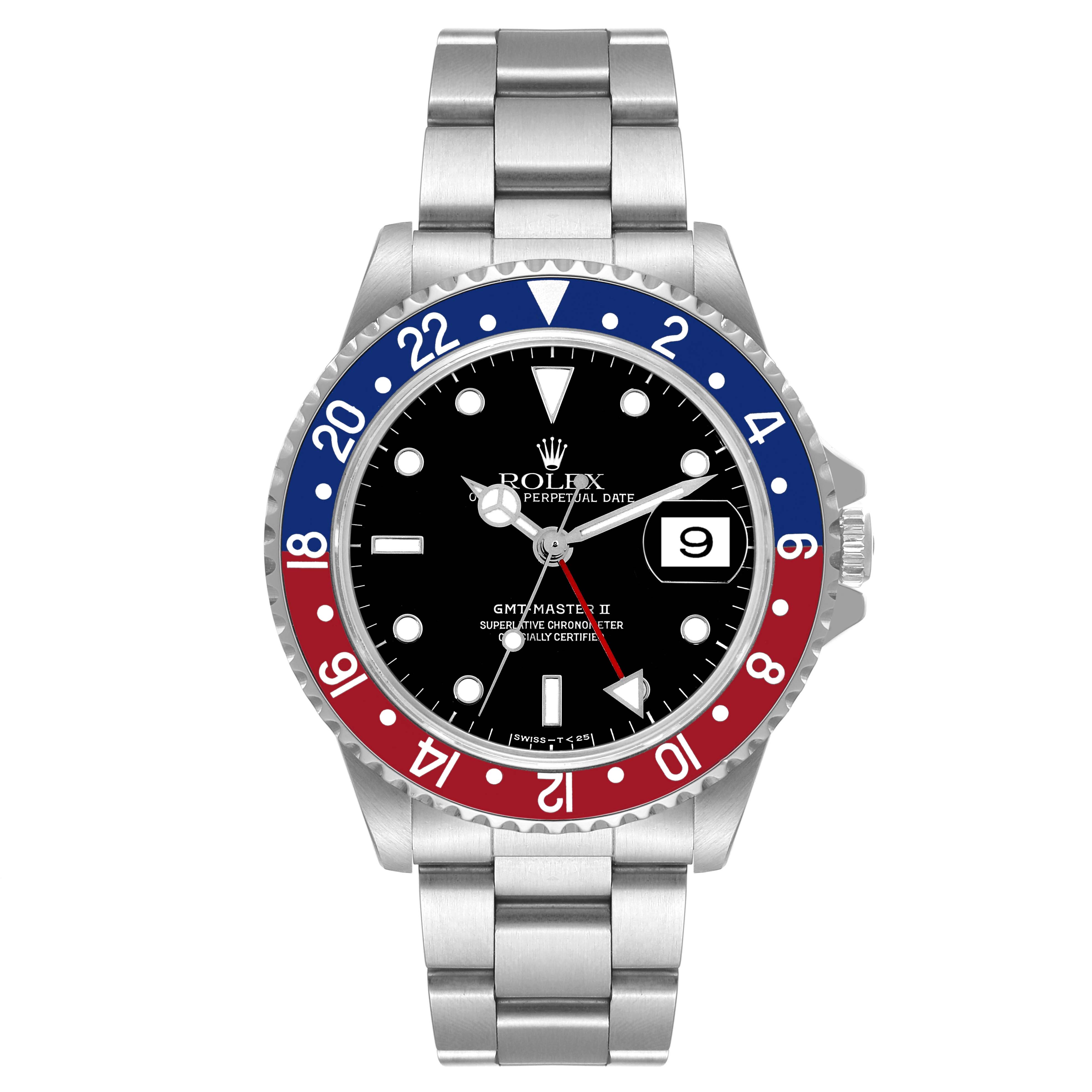 The image shows the front view of a Rolex GMT-Master 16710 Men
s Stainless Steel Black Dial 16710 Men
s Stainless Steel Black Dial II watch with a blue and red bezel and a stainless steel bracelet.