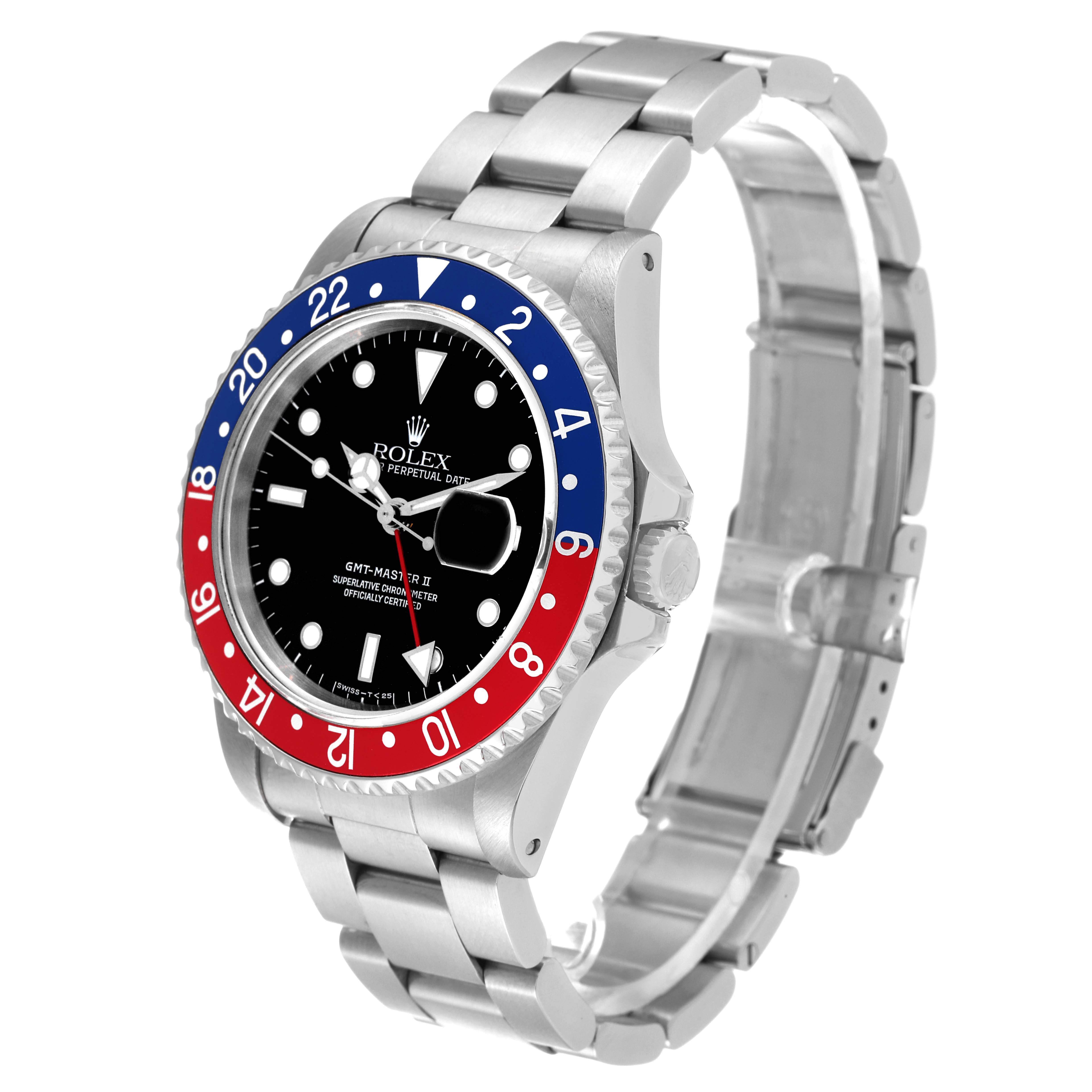 This image shows a side and front angle view of the Rolex GMT-Master 16710 Men
s Stainless Steel Black Dial 16710 Men
s Stainless Steel Black Dial II watch, highlighting the bezel, dial, and bracelet.