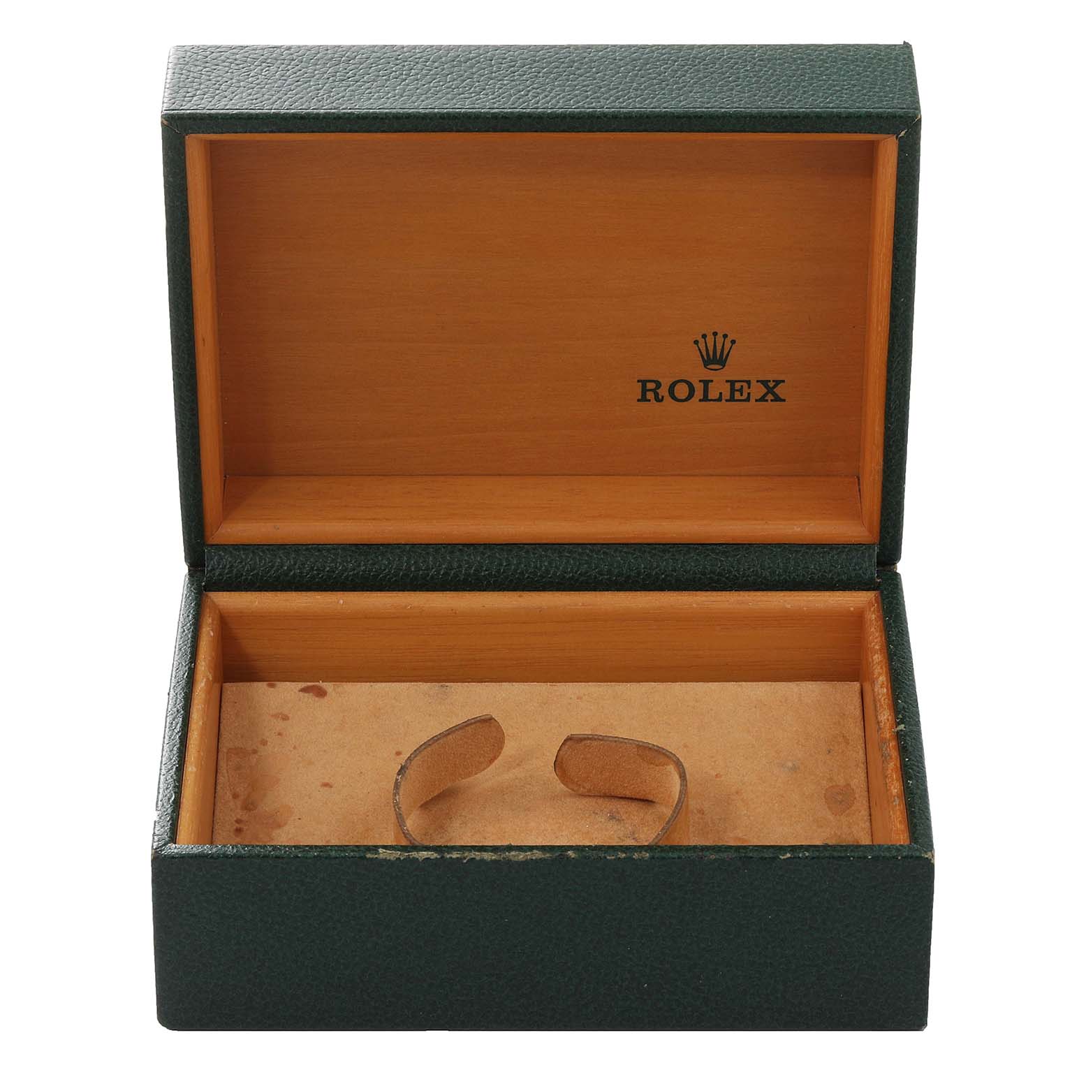 This image shows an empty Rolex GMT-Master 16710 Men
s Stainless Steel Black Dial 16710 Men
s Stainless Steel Black Dial watch box open from the front, with an accessory holder inside.