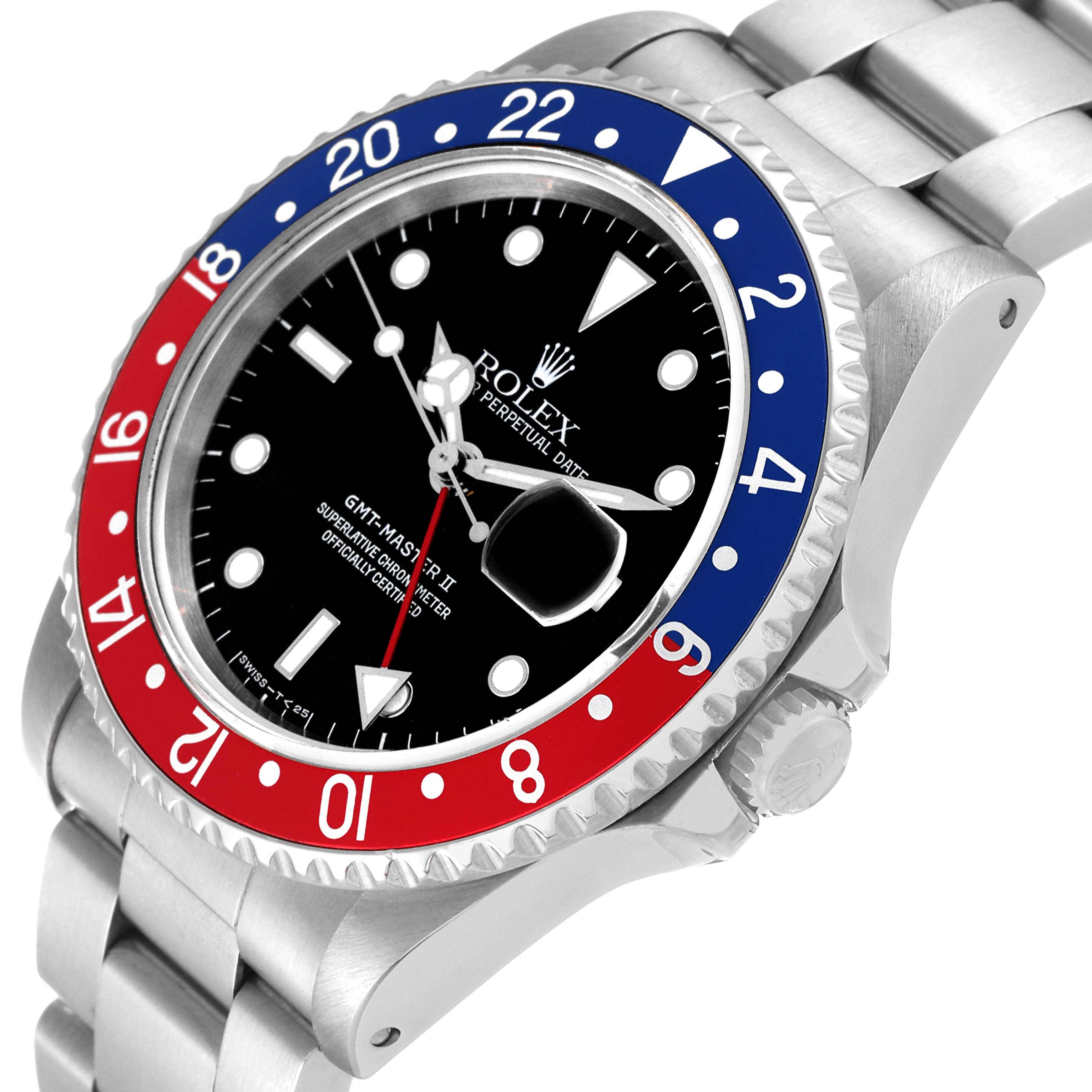 This image shows a Rolex GMT-Master 16710 Men
s Stainless Steel Black Dial 16710 Men
s Stainless Steel Black Dial II watch at an angle highlighting the bezel, dial, bracelet, and crown.