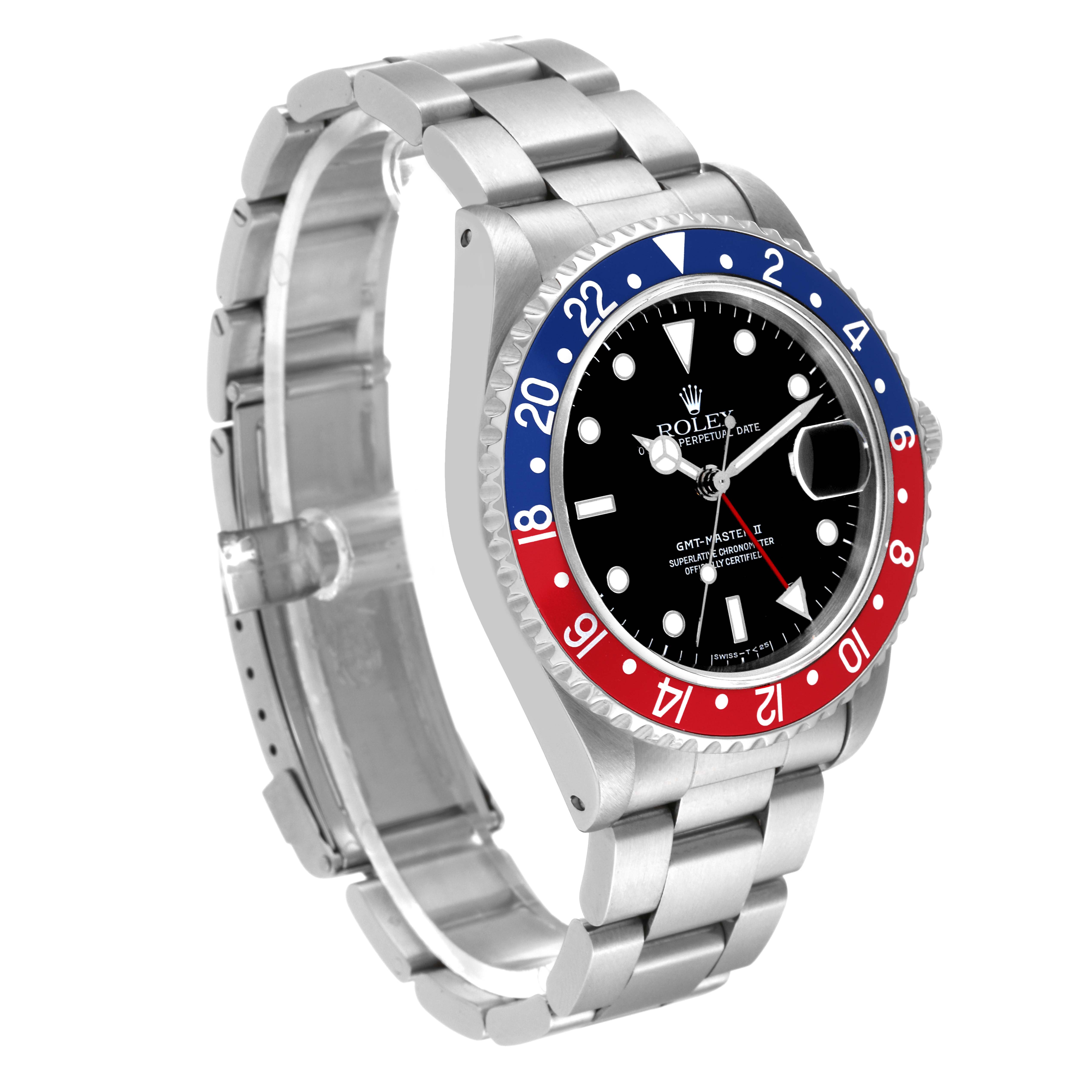 The Rolex GMT-Master 16710 Men
s Stainless Steel Black Dial 16710 Men
s Stainless Steel Black Dial watch is shown at an angle displaying the dial, bezel, and bracelet prominently.