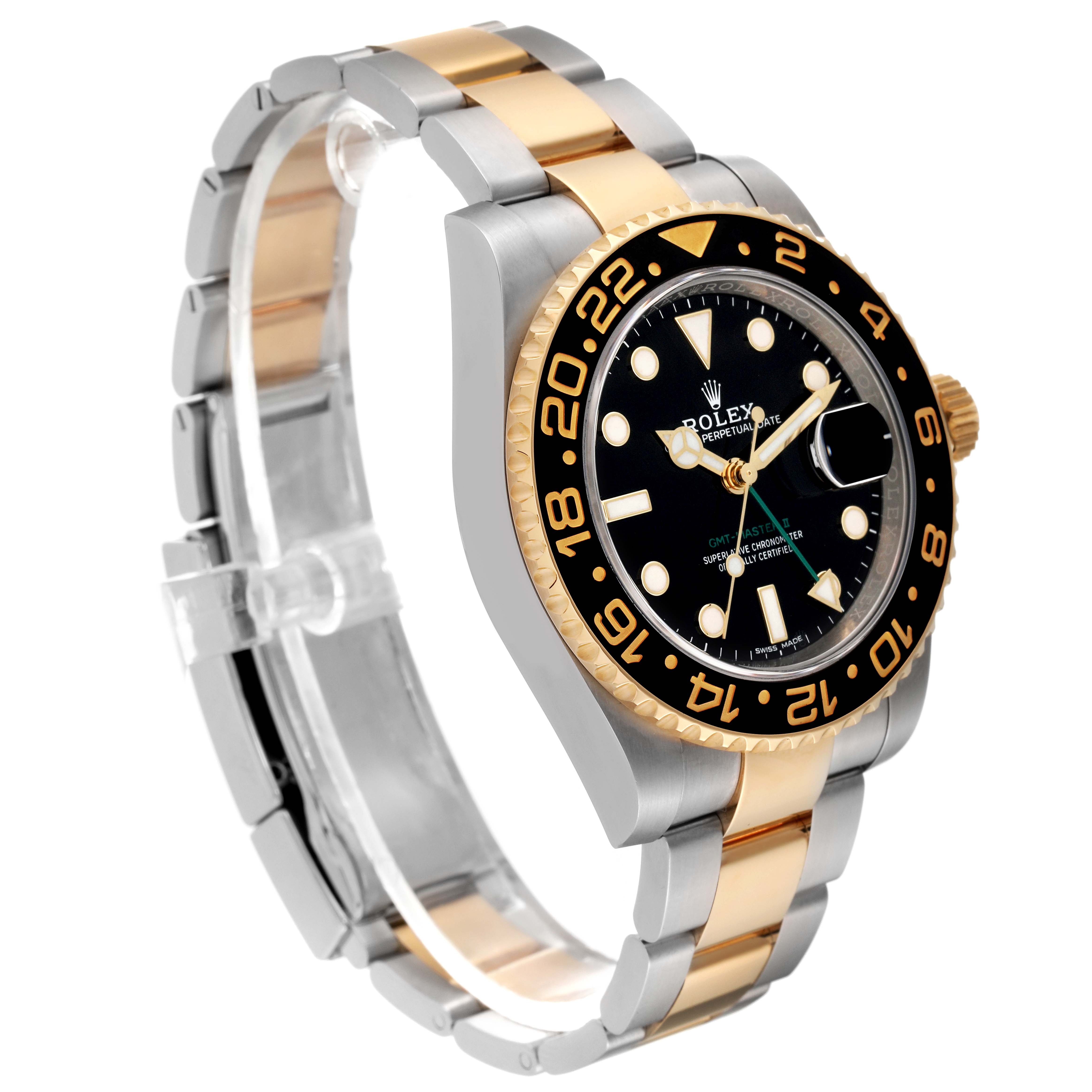 The Rolex GMT-Master 116713 Men
s Steel and Gold (two tone) Black Dial 116713 Men
s Steel and Gold (two tone) Black Dial watch is shown at a three-quarter angle, displaying its two-tone bracelet, black bezel, and dial.