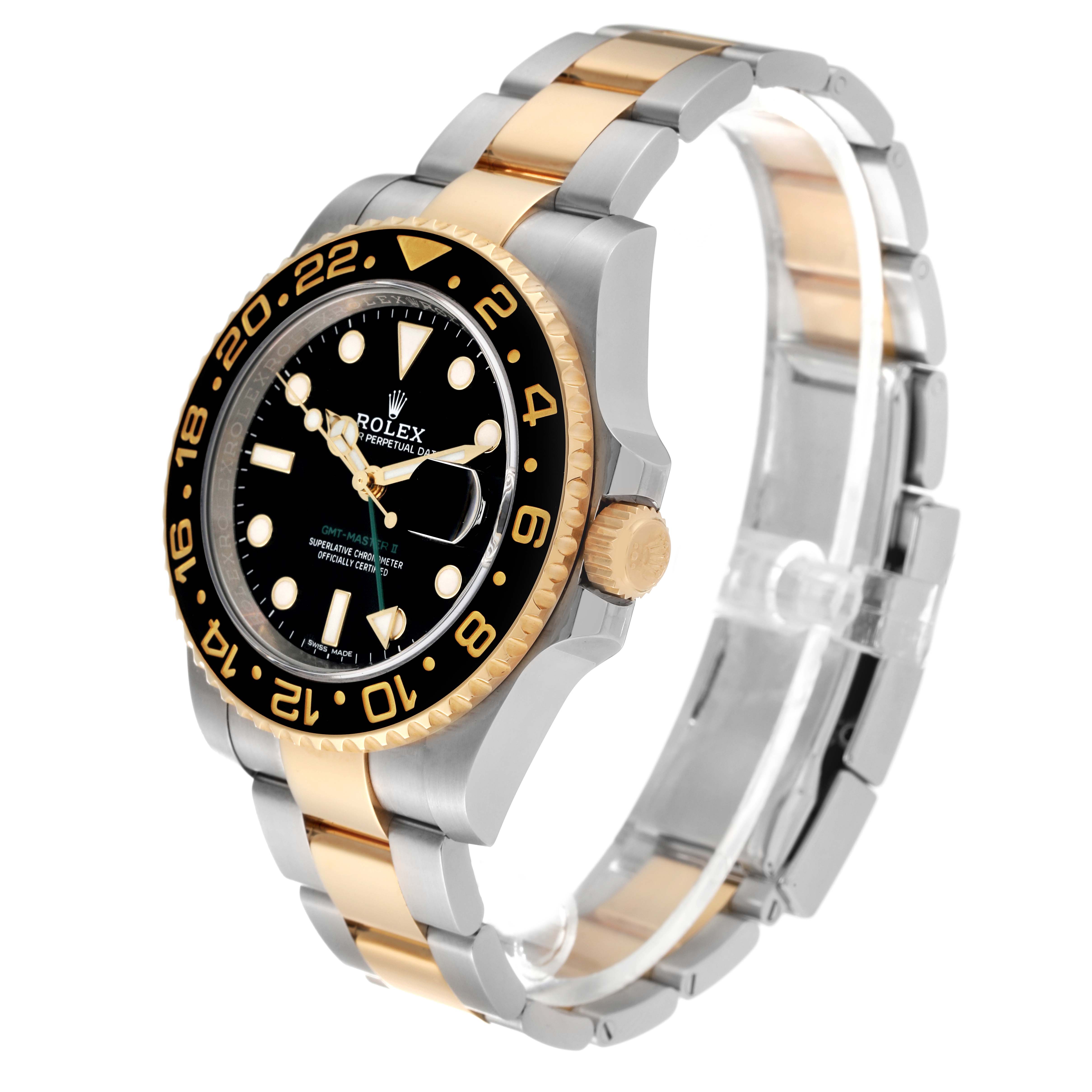 The image shows a Rolex GMT-Master 116713 Men
s Steel and Gold (two tone) Black Dial 116713 Men
s Steel and Gold (two tone) Black Dial watch at a side angle, highlighting its two-tone bracelet, bezel, and crown.