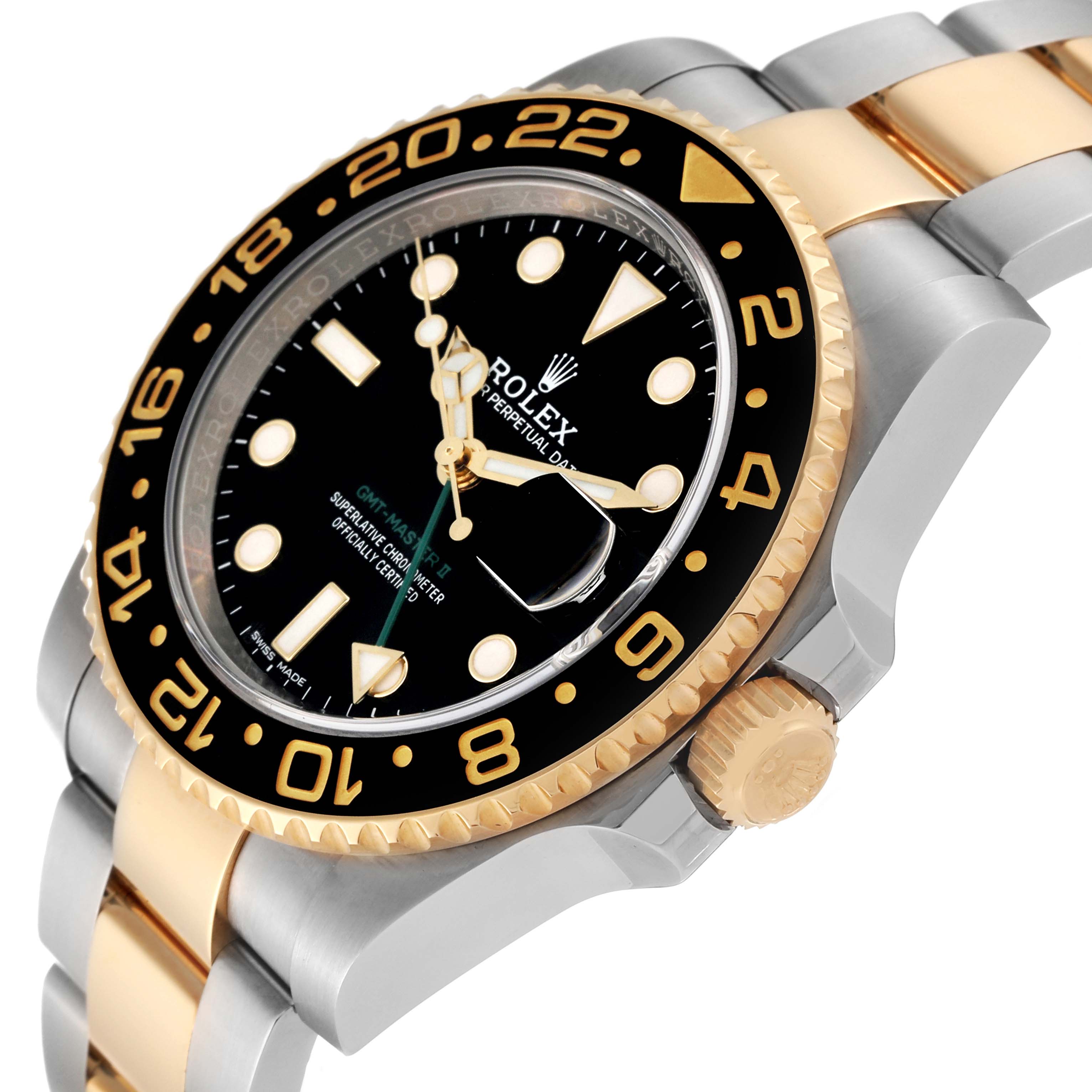 The image shows a Rolex GMT-Master 116713 Men
s Steel and Gold (two tone) Black Dial 116713 Men
s Steel and Gold (two tone) Black Dial watch at a side angle, highlighting its bezel, crown, dial, and part of the bracelet.
