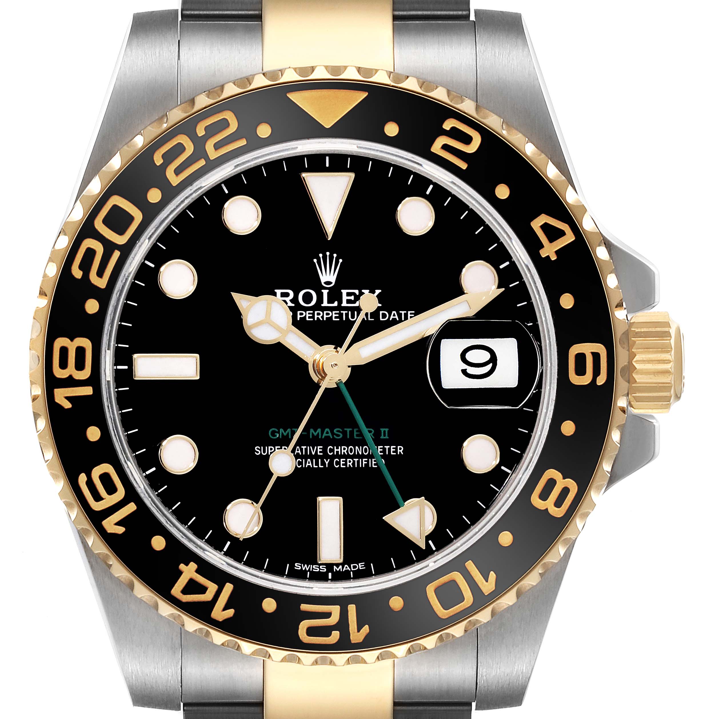 The image shows a frontal view of a Rolex GMT-Master 116713 Men
s Steel and Gold (two tone) Black Dial 116713 Men
s Steel and Gold (two tone) Black Dial II watch, highlighting the dial, bezel, crown, and part of the bracelet.