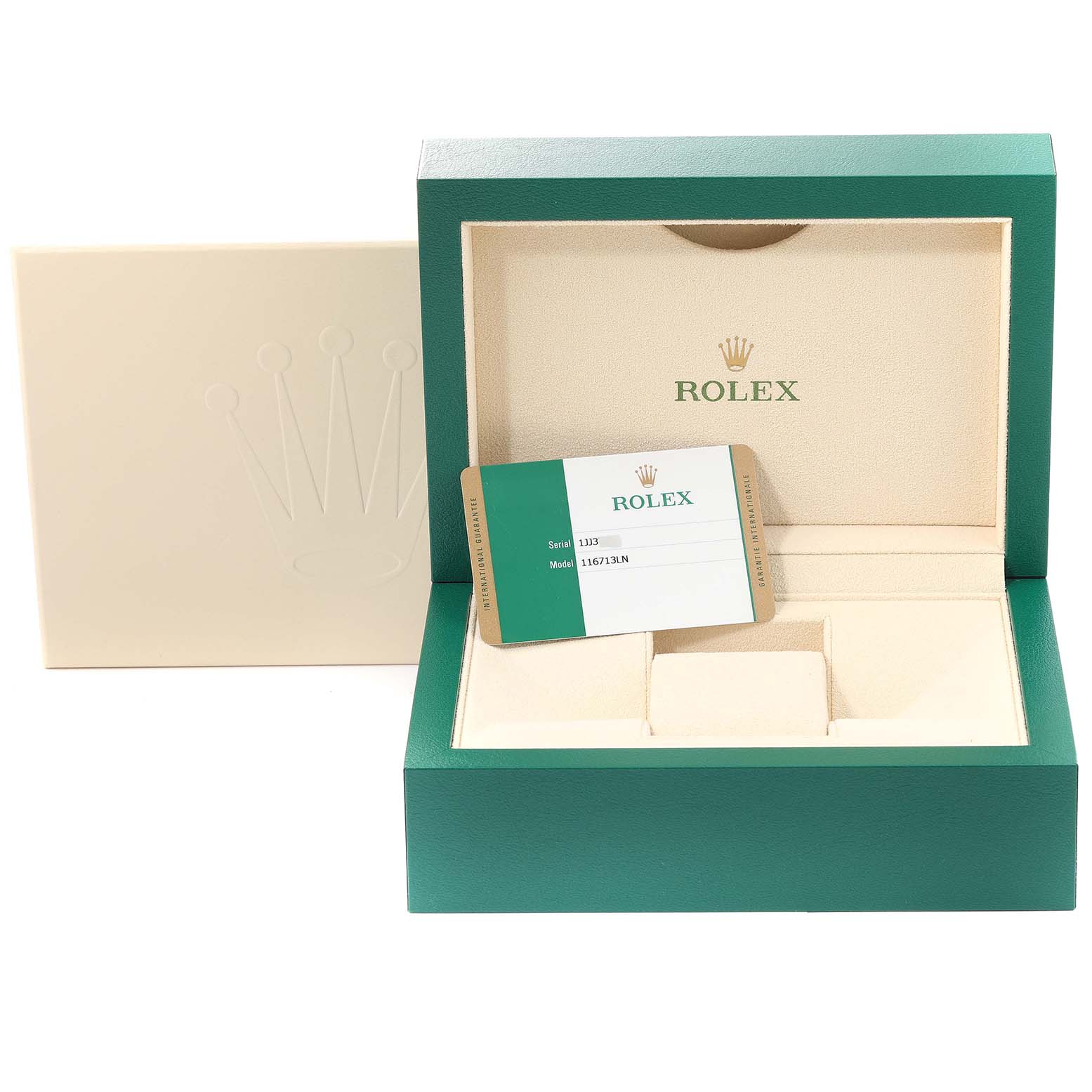 The image shows the packaging box and certificate card for a Rolex GMT-Master 116713 Men
s Steel and Gold (two tone) Black Dial 116713 Men
s Steel and Gold (two tone) Black Dial watch.