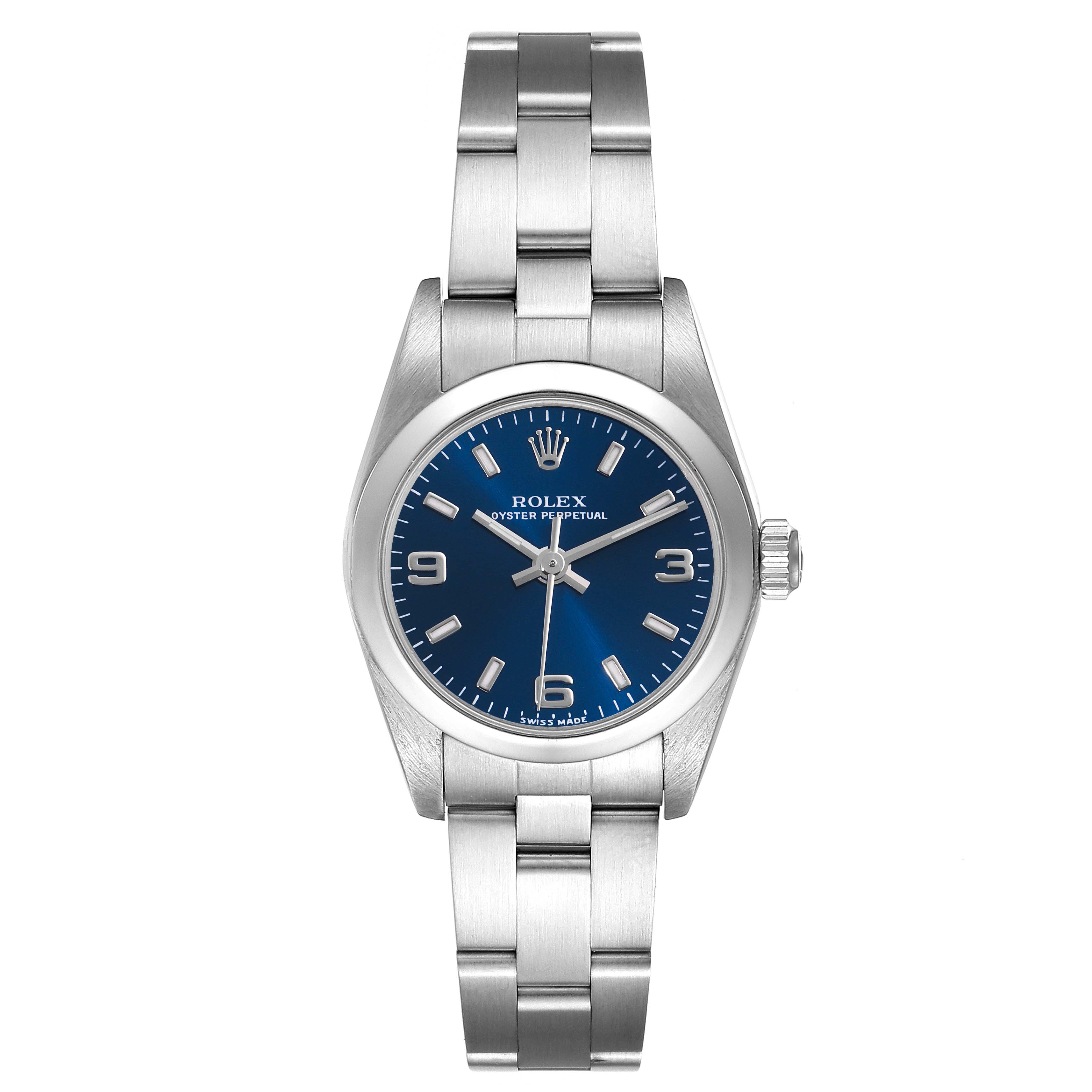 This image shows a front view of a Rolex Oyster Perpetual 76080 Women's Stainless Steel Blue Dial 76080 Women's Stainless Steel Blue Dial watch, displaying its blue dial and stainless steel bracelet.