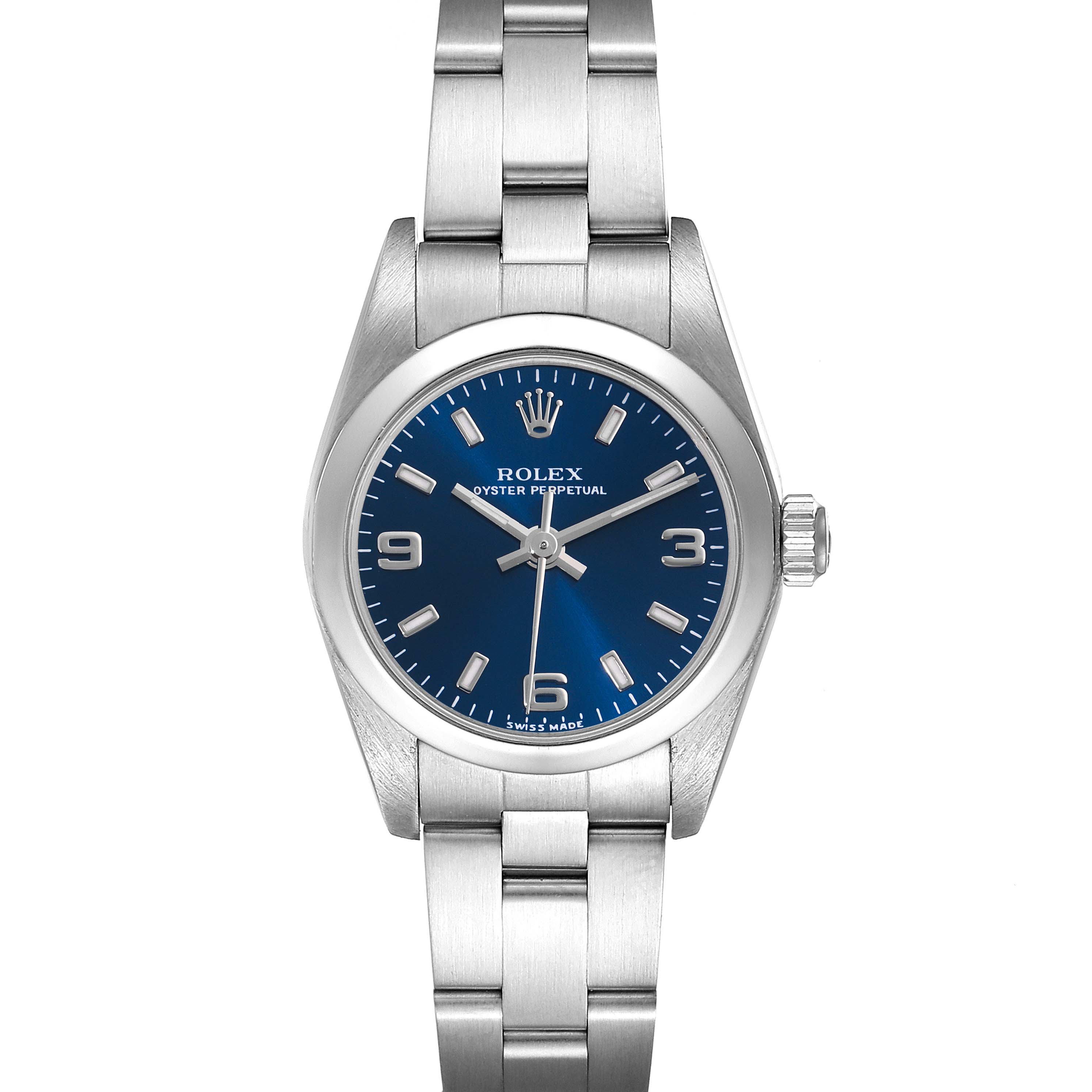 This top-down view displays the Rolex Oyster Perpetual 76080 Women's Stainless Steel Blue Dial 76080 Women's Stainless Steel Blue Dial watch showcasing its blue dial, silver bracelet, and crown.