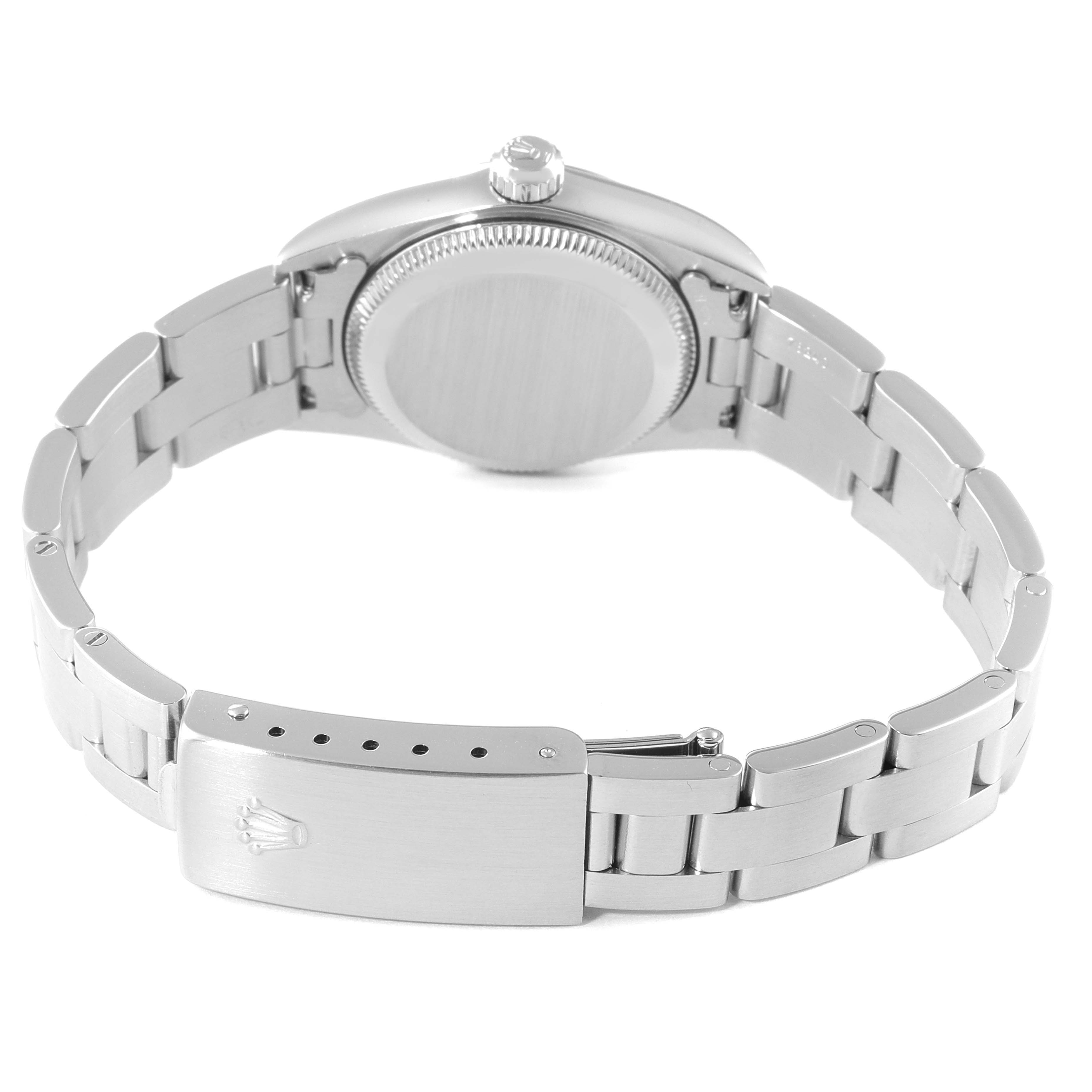 The image shows the back view of a Rolex Oyster Perpetual 76080 Women's Stainless Steel Blue Dial 76080 Women's Stainless Steel Blue Dial watch, focusing on the bracelet and clasp.