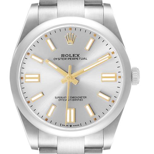 The Rolex Oyster Perpetual 124300 Men's Stainless Steel Silver Dial watch is shown from a top view, highlighting the dial, hands, crown, and bracelet.