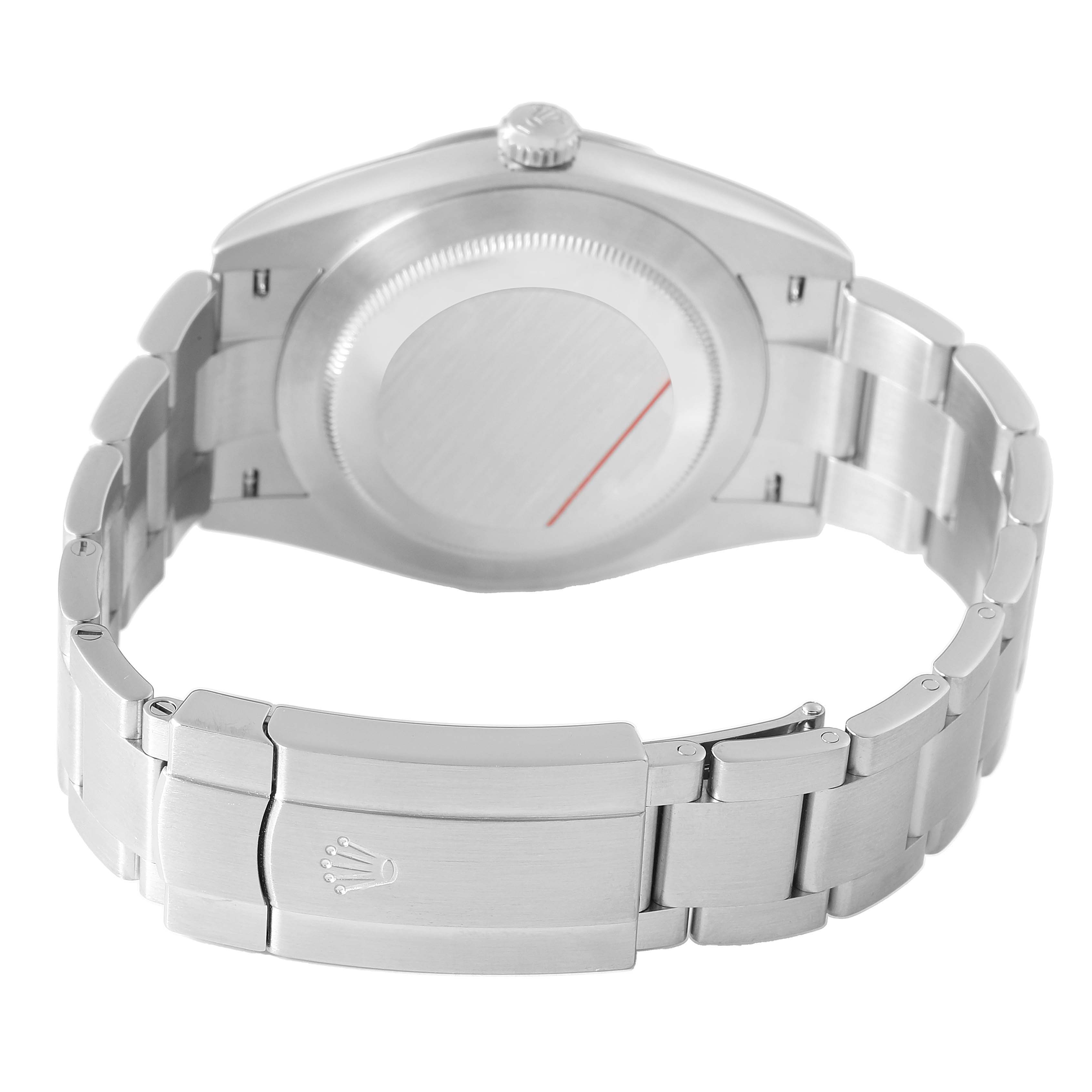 The image shows the back case and clasp of the Rolex Oyster Perpetual 124300 Men's Stainless Steel Silver Dial watch from a rear angle.