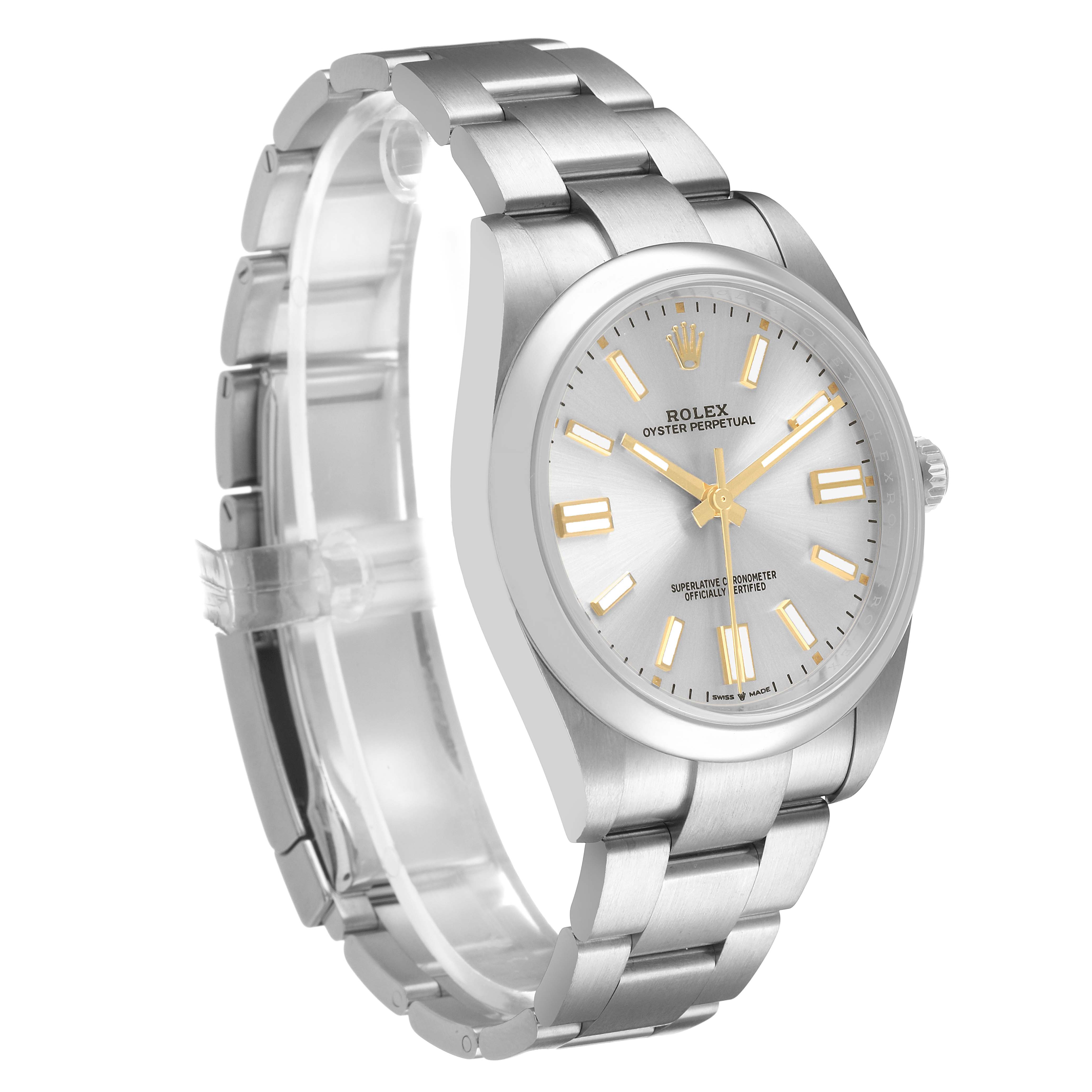 The Rolex Oyster Perpetual 124300 Men's Stainless Steel Silver Dial watch is shown at a three-quarter angle, displaying its silver dial, gold hour markers, and metal bracelet.