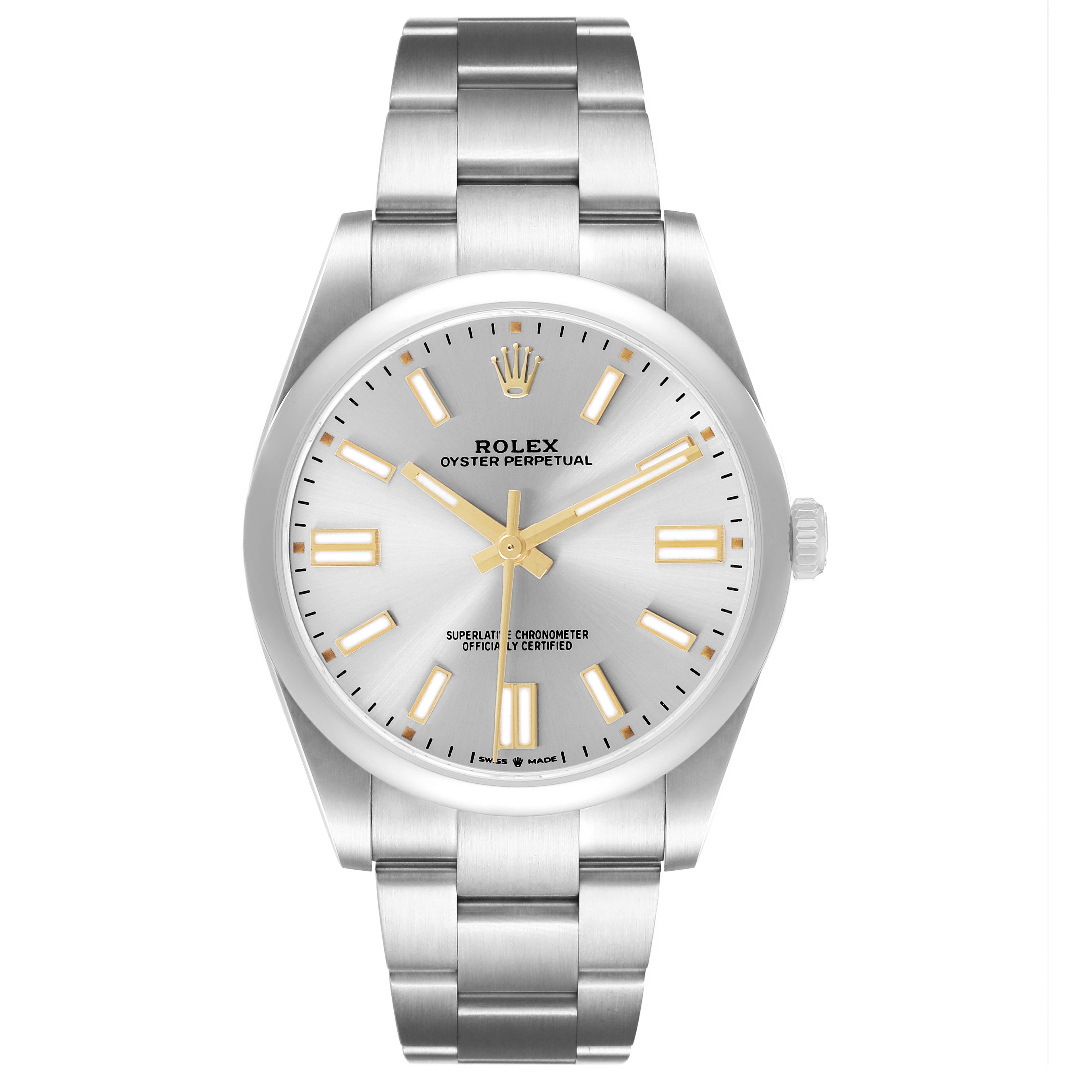 The Rolex Oyster Perpetual 124300 Men's Stainless Steel Silver Dial watch is shown from the front, displaying the face, bezel, and bracelet.