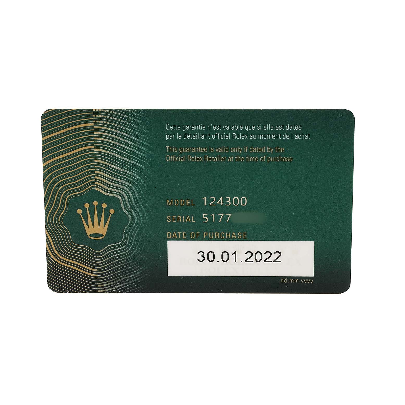 The image shows a green Rolex warranty card for the Oyster Perpetual model, displaying model and serial numbers, and purchase date.