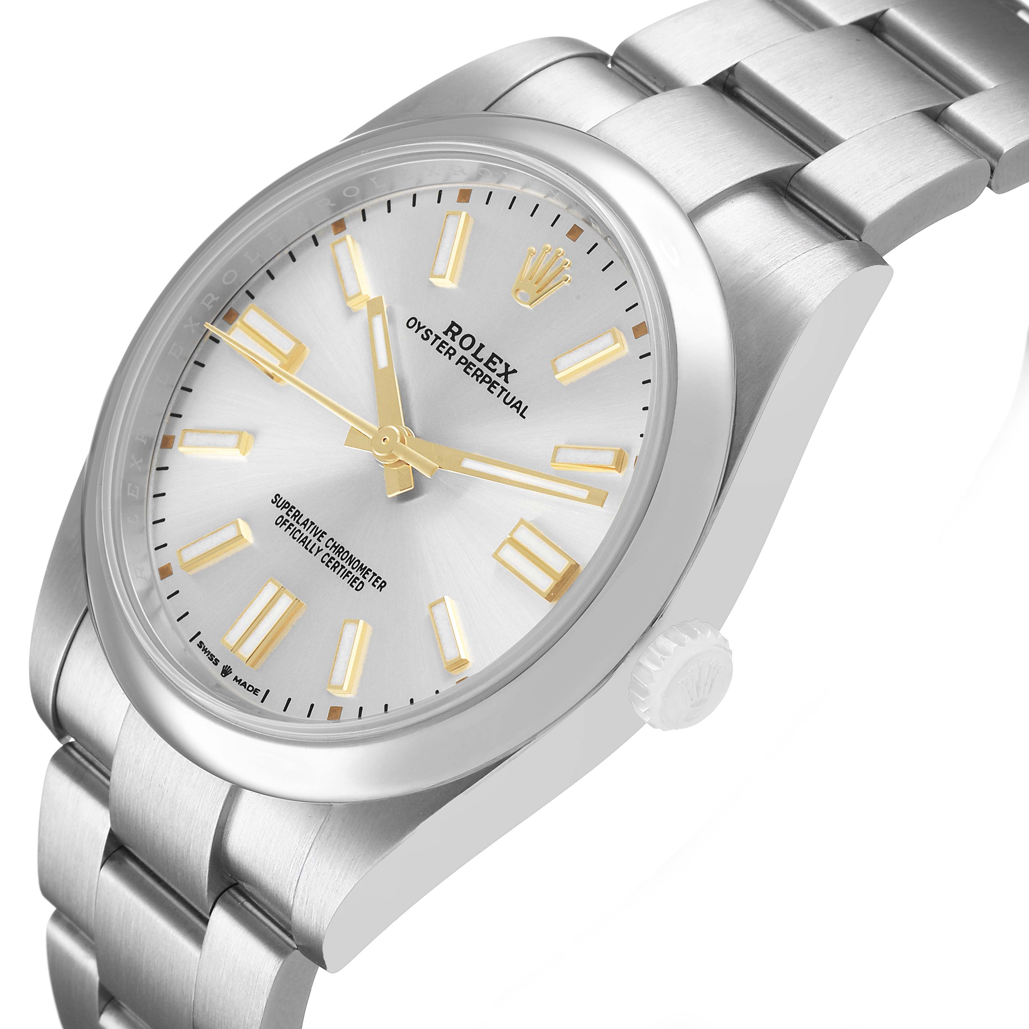 The Rolex Oyster Perpetual 124300 Men's Stainless Steel Silver Dial watch is shown in a three-quarter view, highlighting the face, side, bracelet, and crown.
