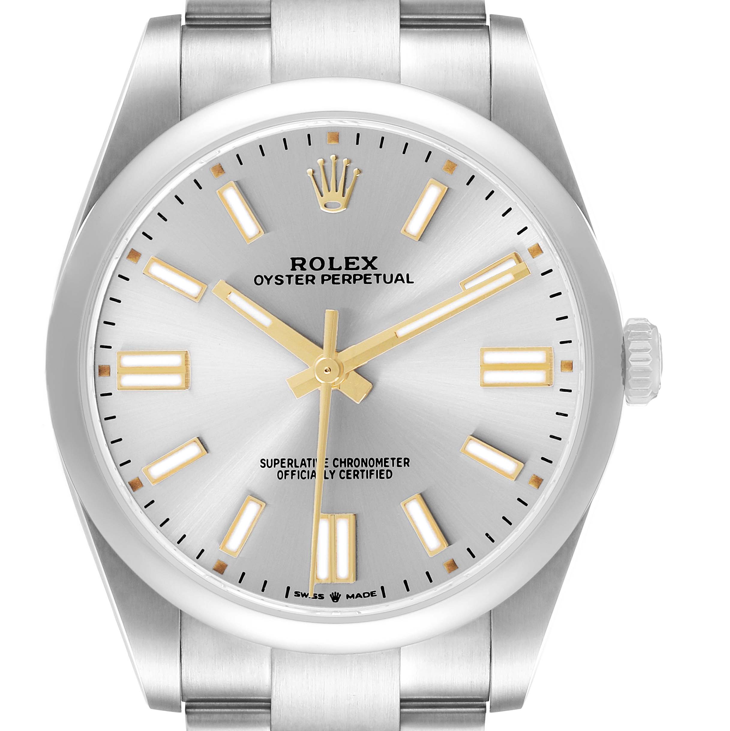 The Rolex Oyster Perpetual 124300 Men's Stainless Steel Silver Dial watch is shown from a front angle, highlighting the dial, hands, crown, and partial bracelet.