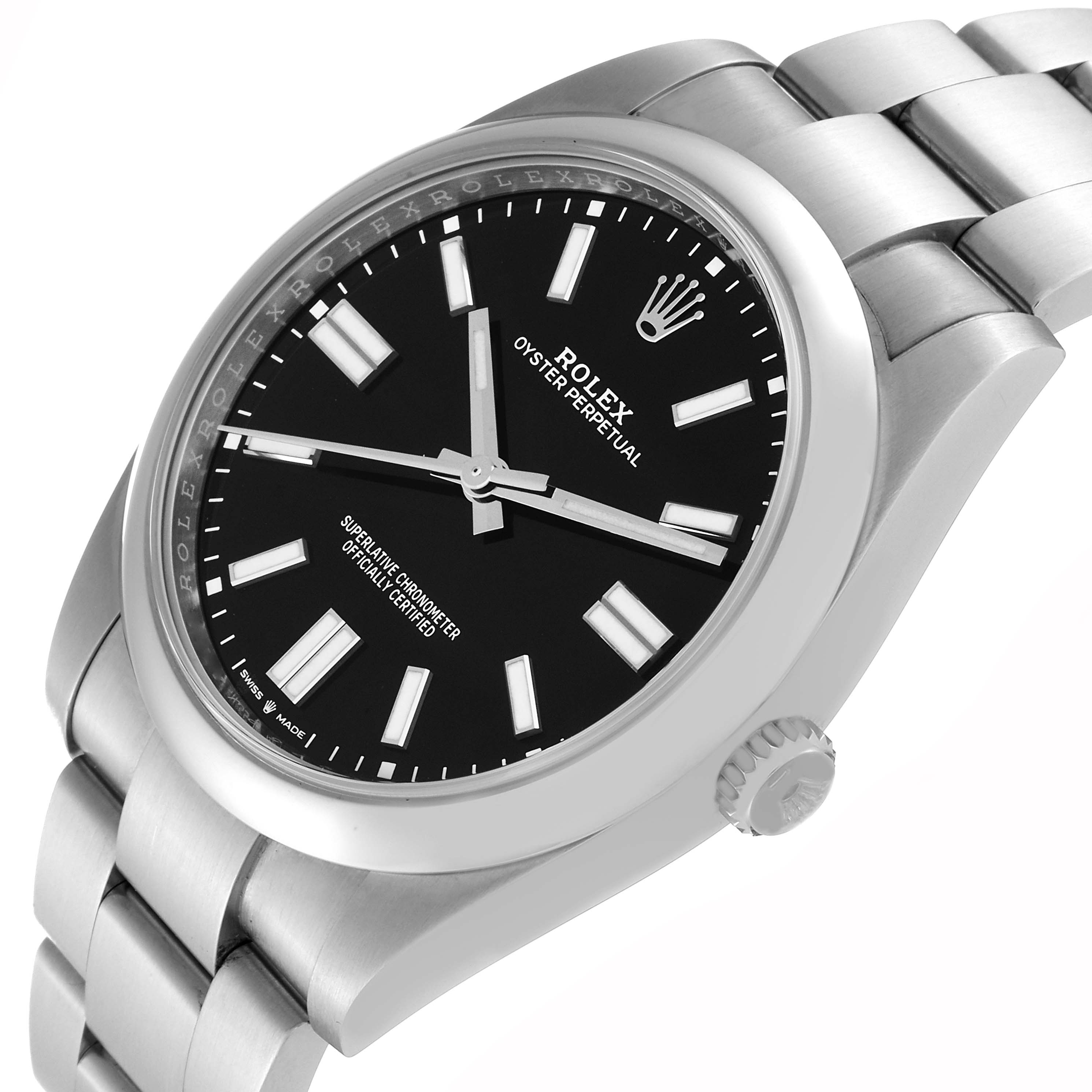 The image shows a Rolex Oyster Perpetual 124300 Men
s Stainless Steel Black Dial 124300 Men
s Stainless Steel Black Dial watch from a side angle, highlighting its dial, bezel, crown, and bracelet.