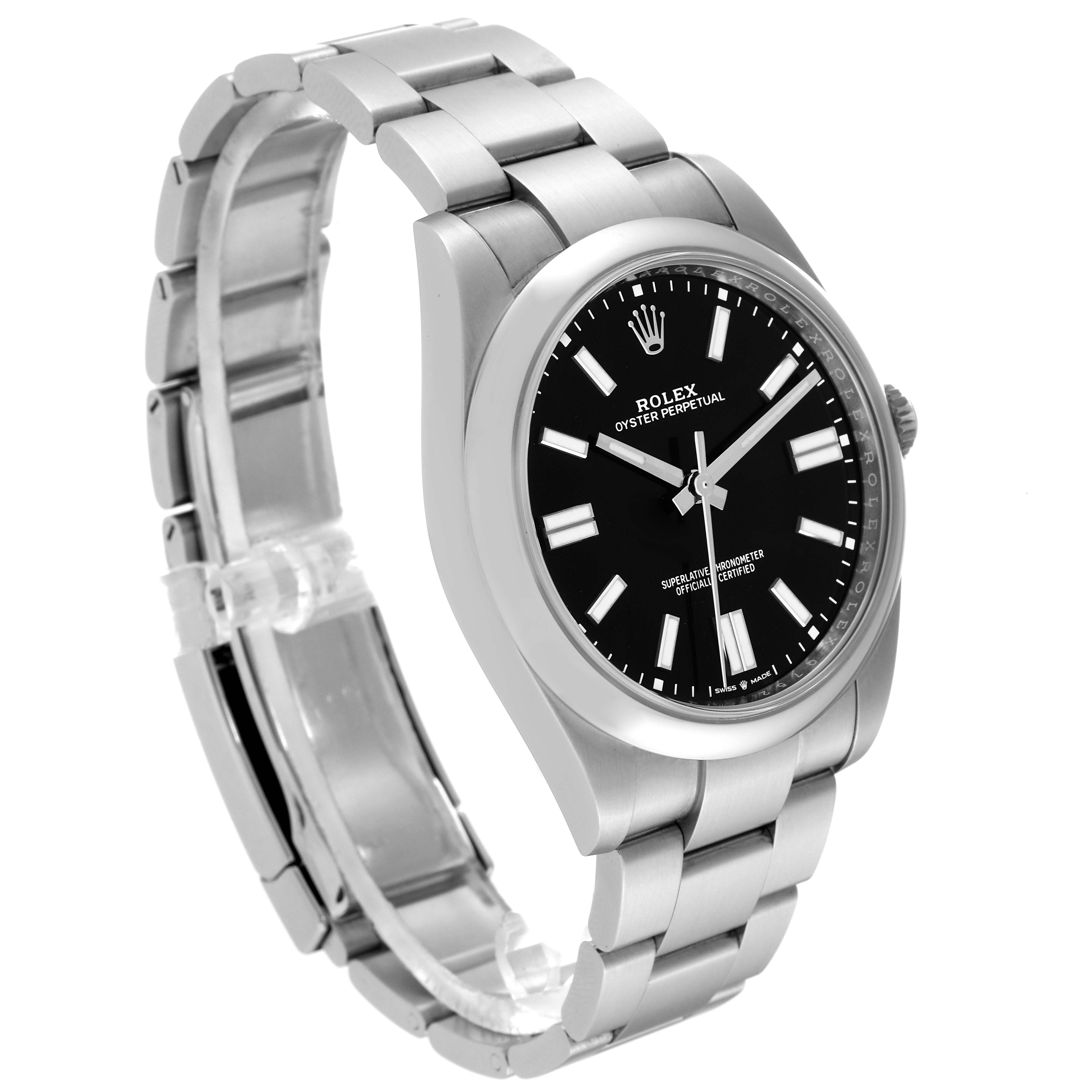 The Rolex Oyster Perpetual 124300 Men
s Stainless Steel Black Dial 124300 Men
s Stainless Steel Black Dial watch is shown at an angle displaying the front face, side, and metal bracelet band.