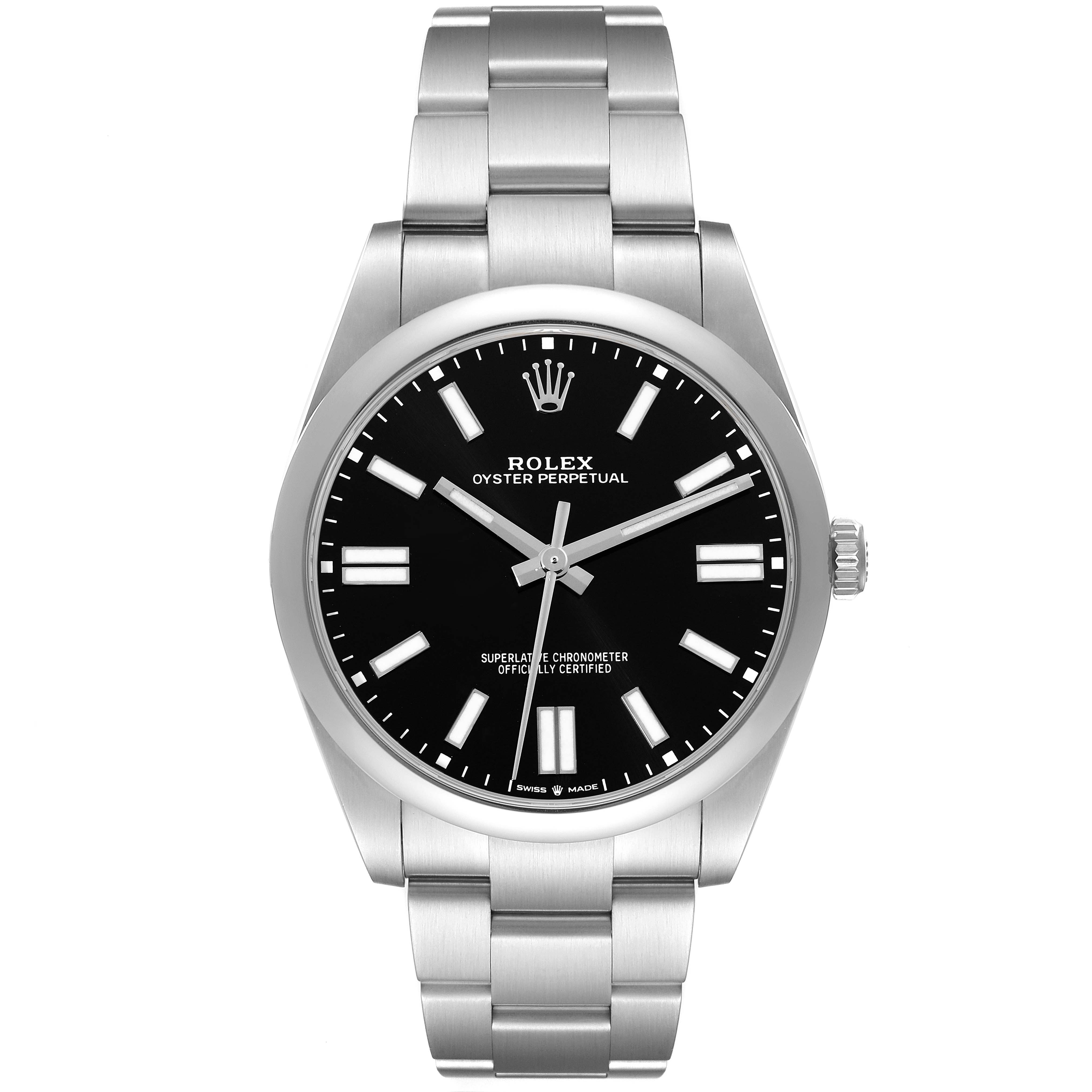 This image shows a frontal view of a Rolex Oyster Perpetual 124300 Men
s Stainless Steel Black Dial 124300 Men
s Stainless Steel Black Dial watch, featuring its black dial, hands, markers, and steel bracelet.