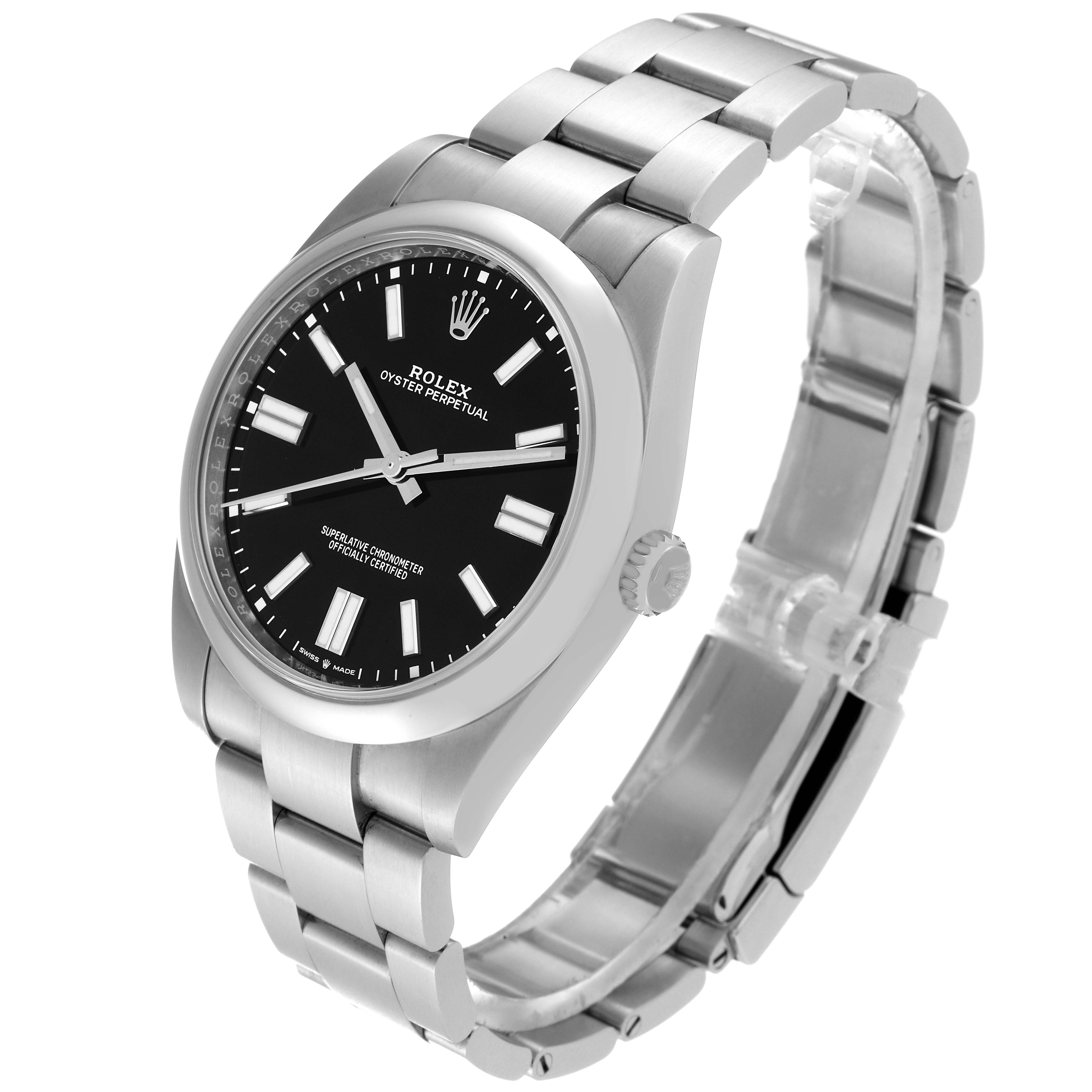 The image shows a Rolex Oyster Perpetual 124300 Men
s Stainless Steel Black Dial 124300 Men
s Stainless Steel Black Dial watch at a slight angle, highlighting its black dial, stainless steel case, and bracelet.