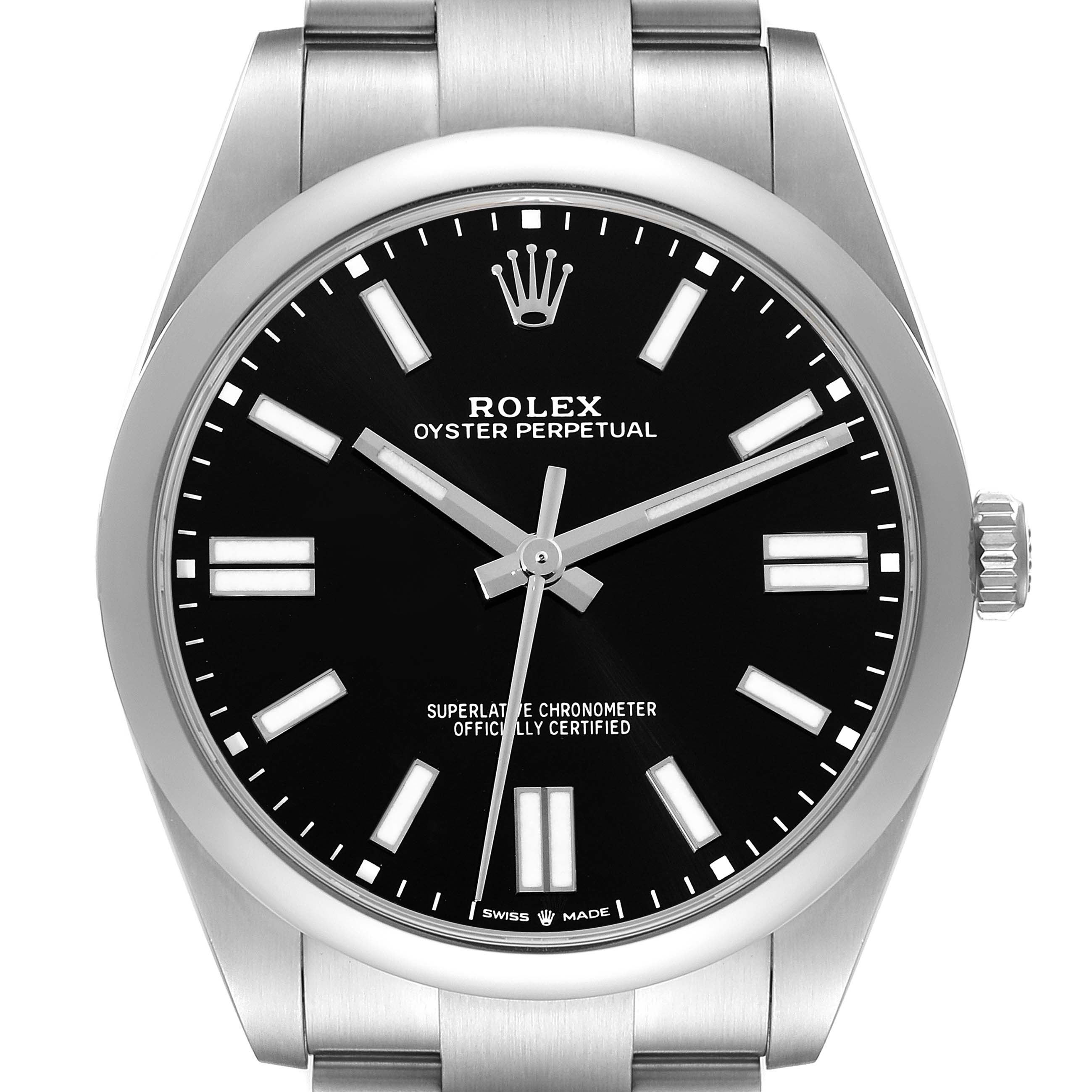 The image shows a front view of the Rolex Oyster Perpetual 124300 Men
s Stainless Steel Black Dial 124300 Men
s Stainless Steel Black Dial watch, highlighting its black dial, hour markers, and crown.