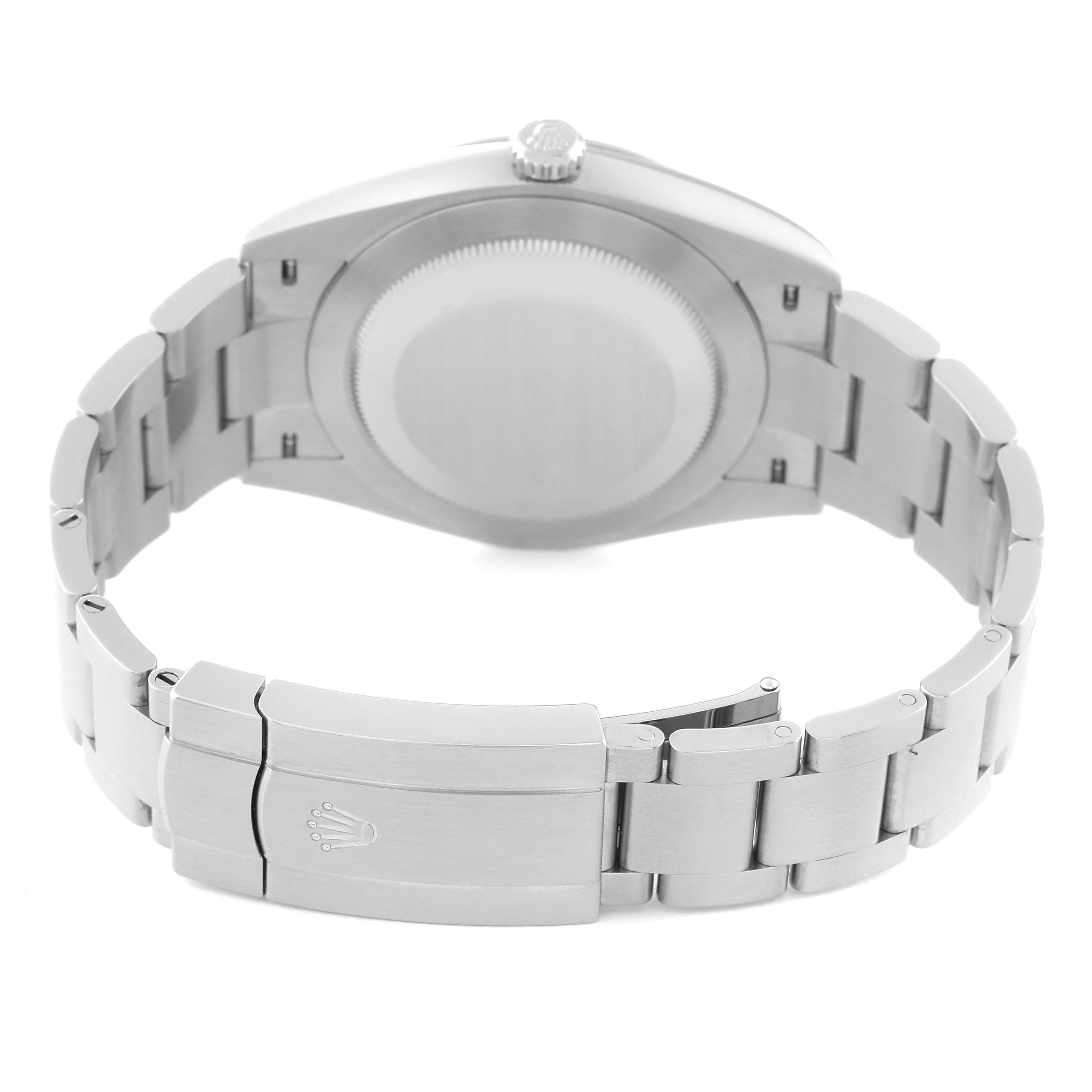 This image shows the back view of a Rolex Oyster Perpetual 124300 Men
s Stainless Steel Black Dial 124300 Men
s Stainless Steel Black Dial watch, highlighting its bracelet and closed clasp.