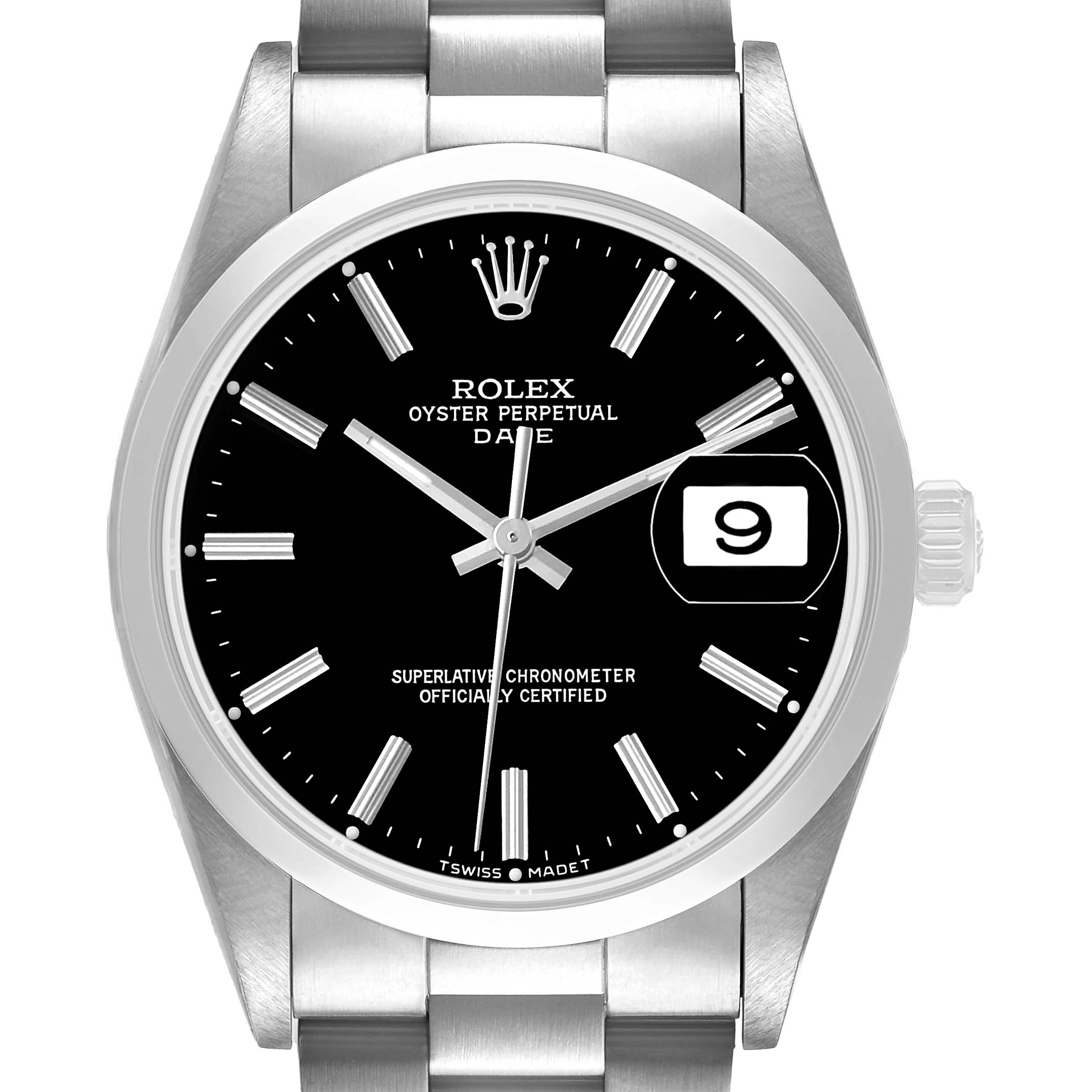The Rolex Date 15200 Men's Stainless Steel Black Dial watch is shown front-facing, highlighting its black dial, date window, Rolex crown, hands, and bracelet.