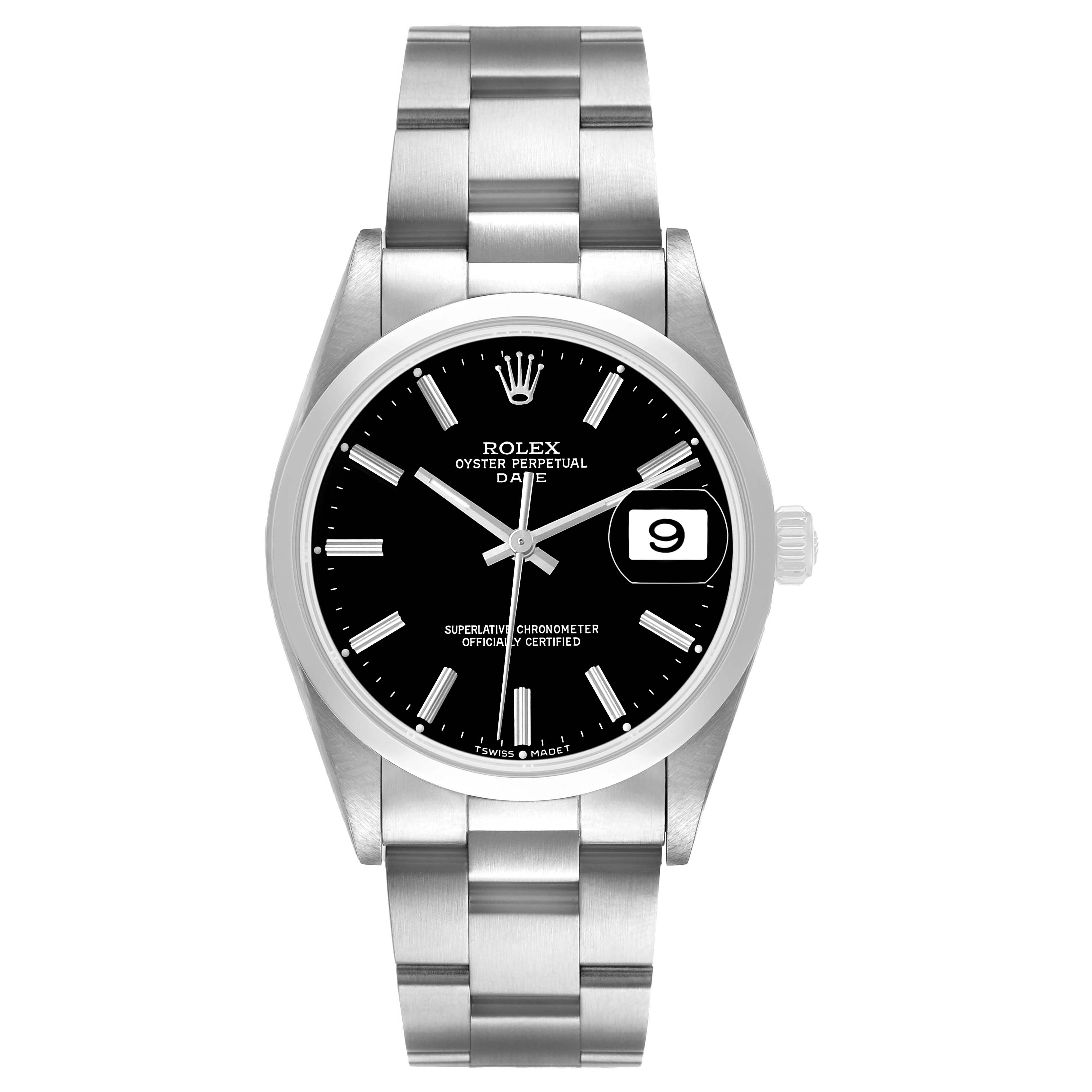 The Rolex Date 15200 Men's Stainless Steel Black Dial model is shown from a front angle, displaying its black dial, silver hands, date window, and stainless steel bracelet.