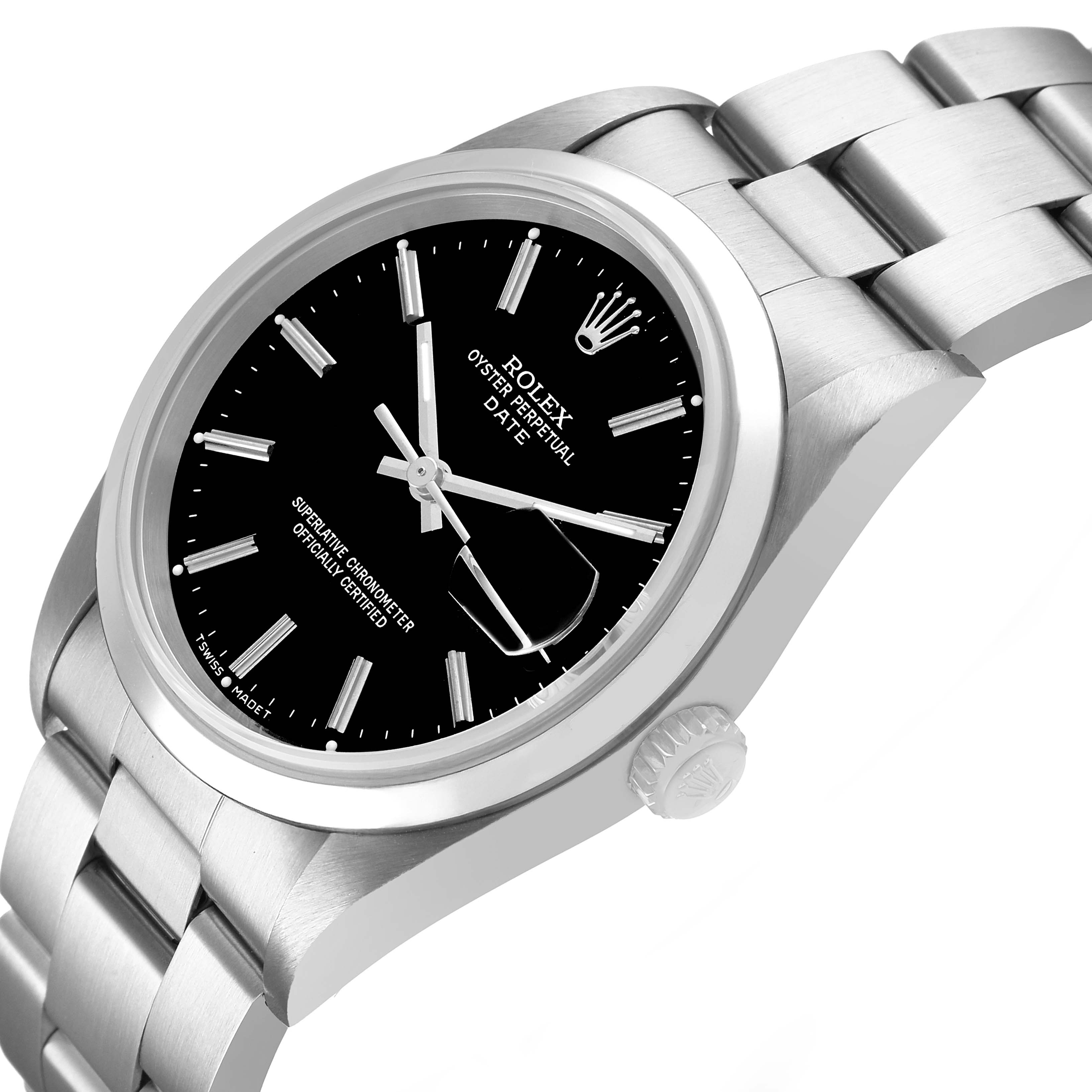 The Rolex Date 15200 Men's Stainless Steel Black Dial watch is shown at an angled side view, highlighting the black dial, case, crown, and bracelet.