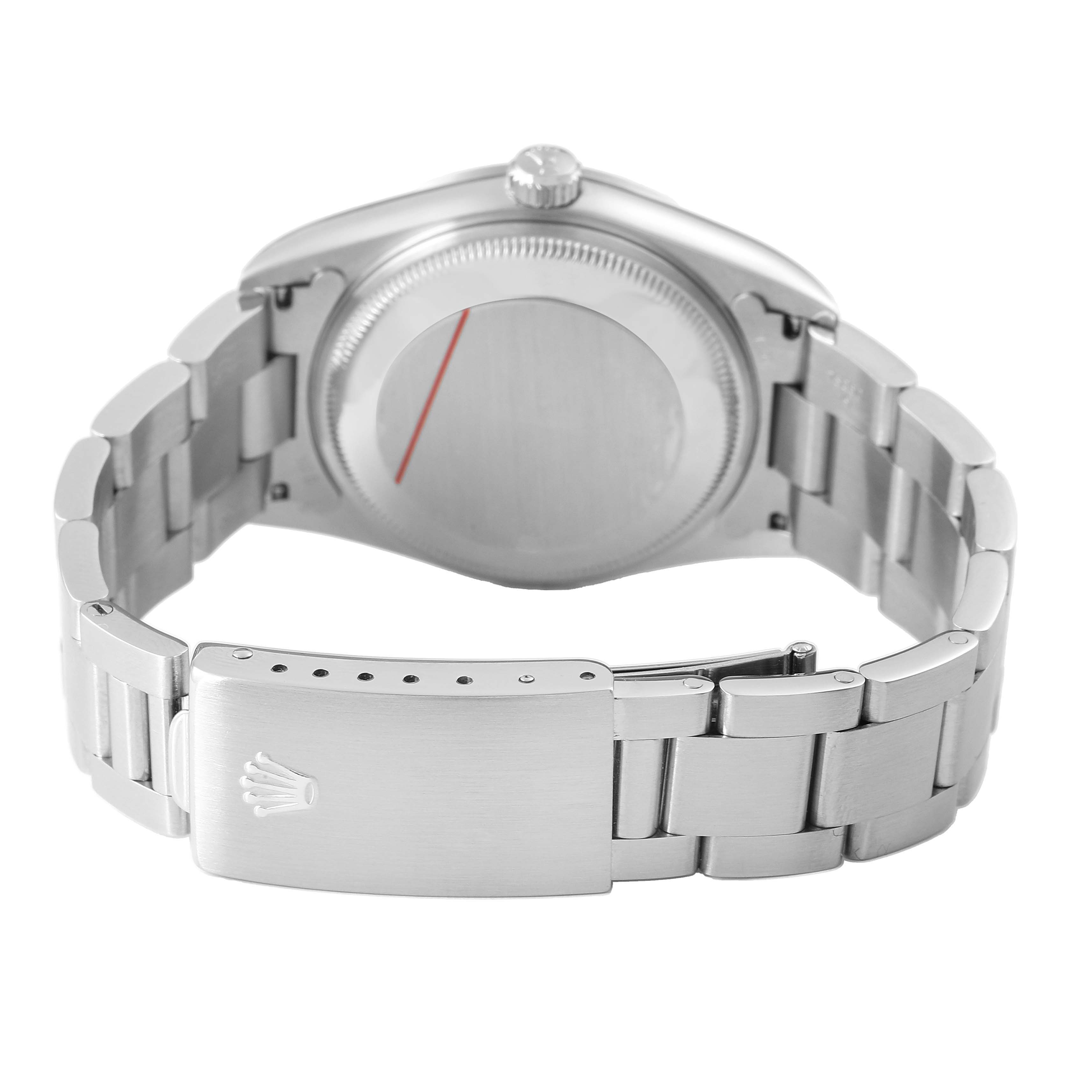 The image shows the back view of a Rolex Date 15200 Men's Stainless Steel Black Dial model, highlighting the case back, bracelet, and clasp.