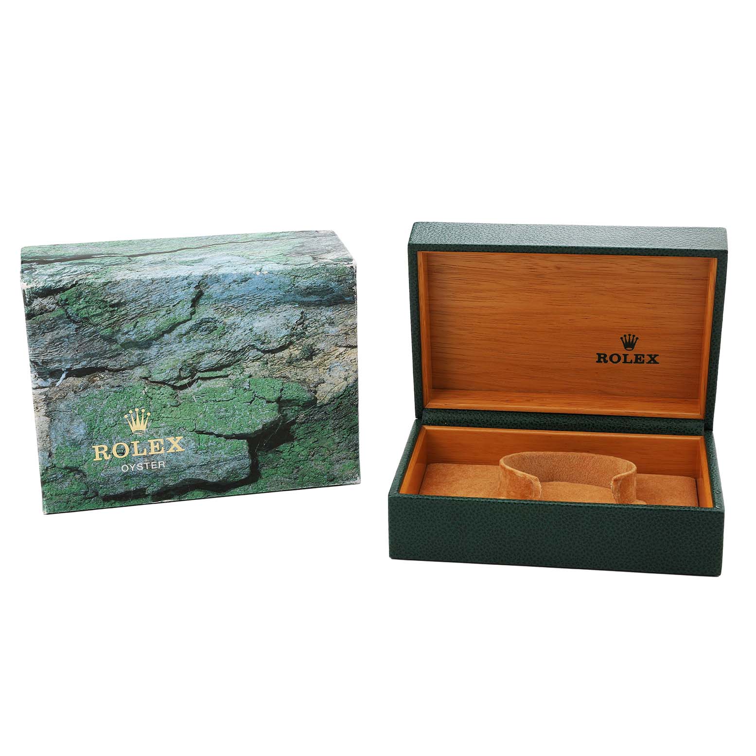 The image shows an open and closed Rolex Date 15200 Men's Stainless Steel Black Dial model box, revealing the interior and exterior designs.