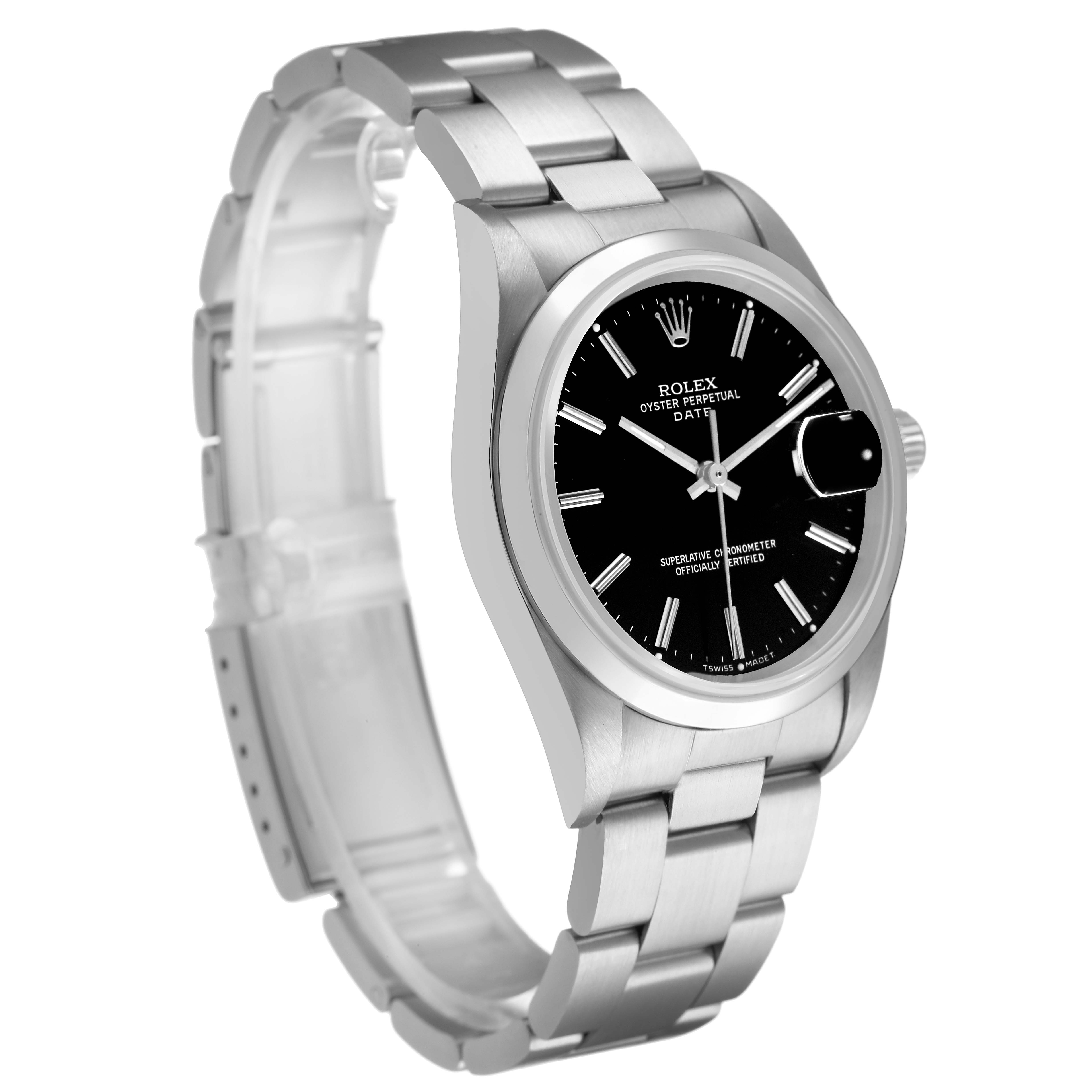 The Rolex Date 15200 Men's Stainless Steel Black Dial watch is shown at a slight angle, highlighting the dial, bezel, and bracelet.