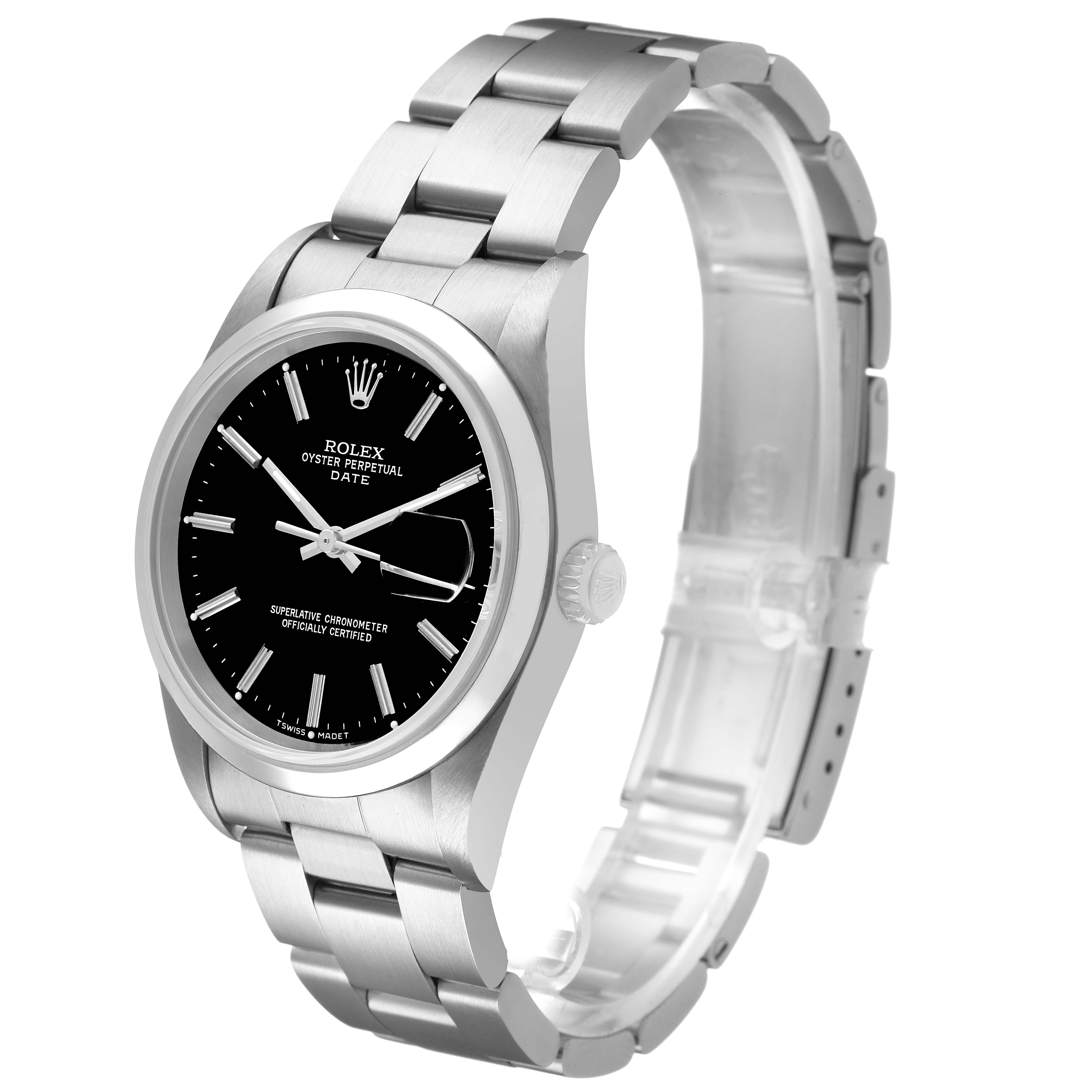 The Rolex Date 15200 Men's Stainless Steel Black Dial watch is shown at a three-quarter angle, featuring the face, bezel, and metal bracelet.