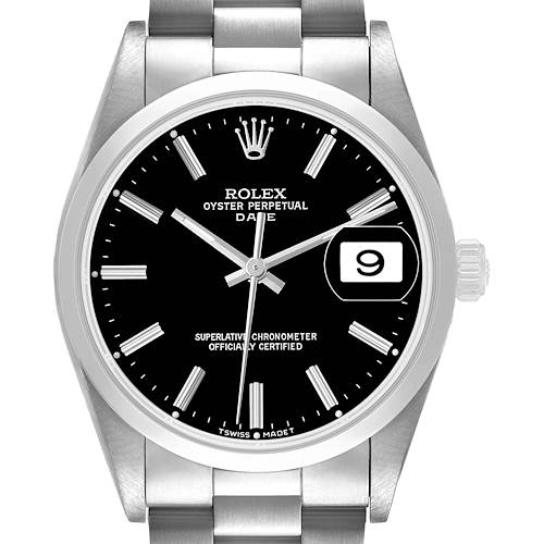The image shows a front view of a Rolex Date 15200 Men's Stainless Steel Black Dial watch, displaying its black dial, hands, markers, and date window.
