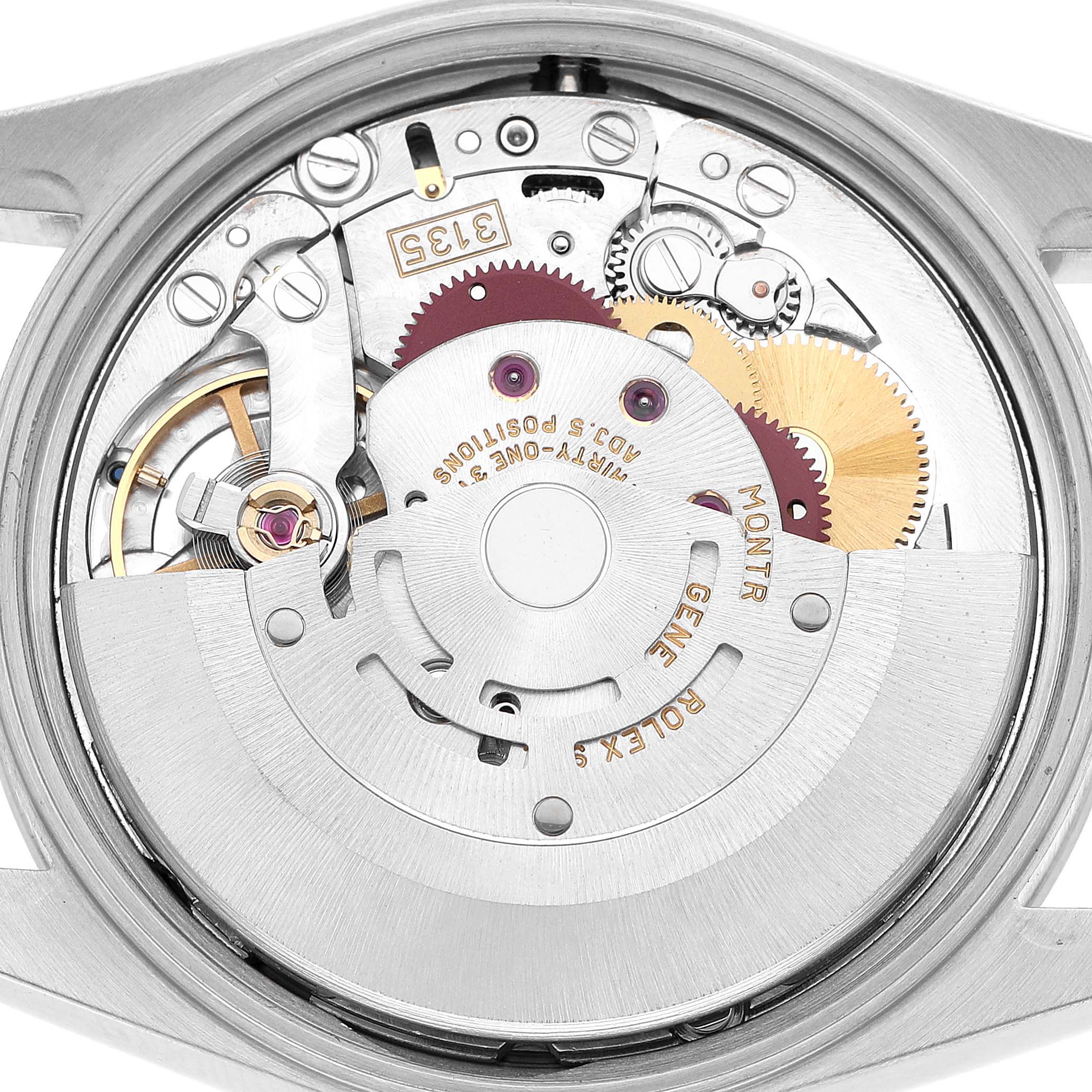The image shows an internal view of the Rolex Date 15200 Men's Stainless Steel Black Dial model, highlighting the movement and gears.