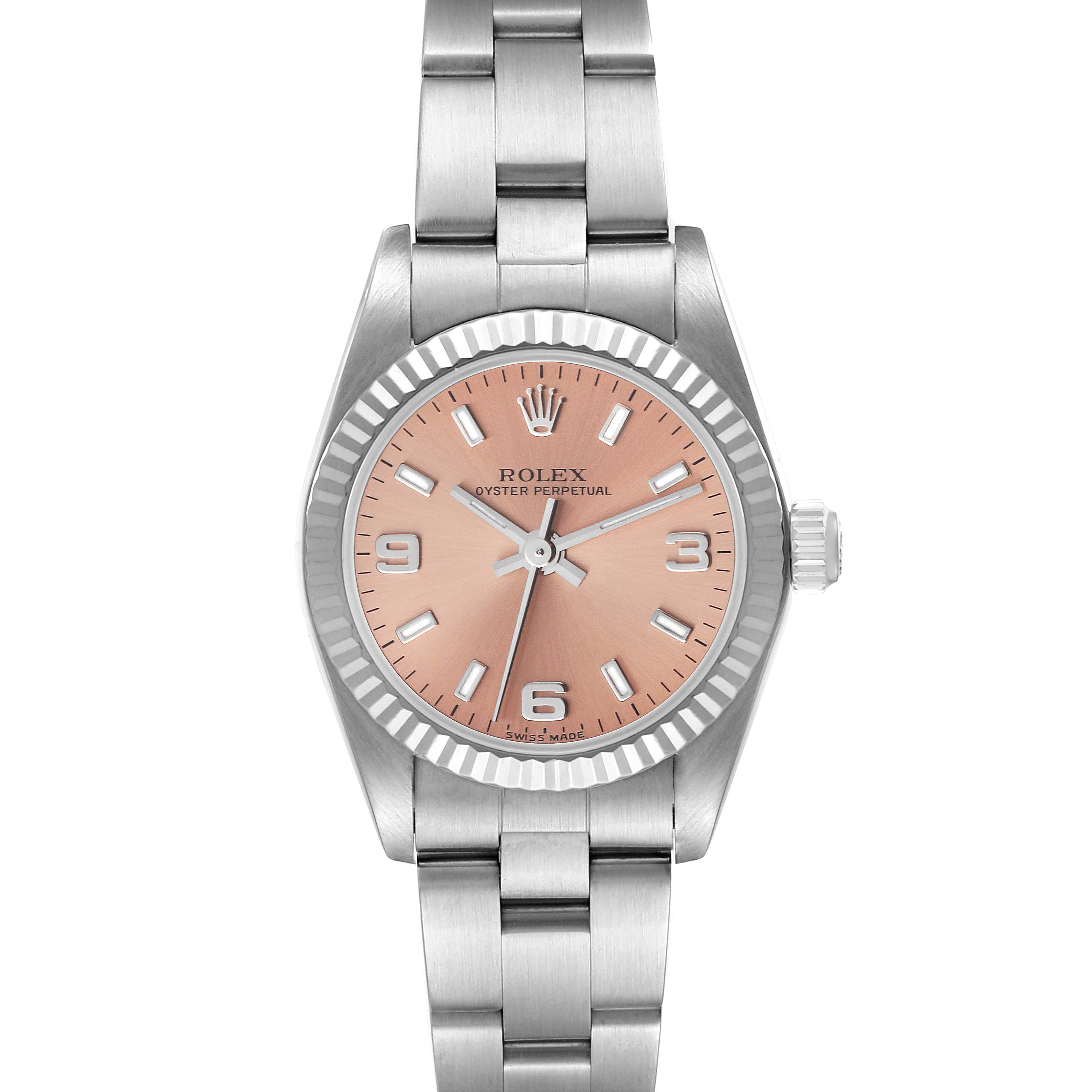 The image shows a Rolex Oyster Perpetual 76094 Women
s Stainless Steel Pink Dial 76094 Women
s Stainless Steel Pink Dial watch with a salmon pink dial, viewed from the front.