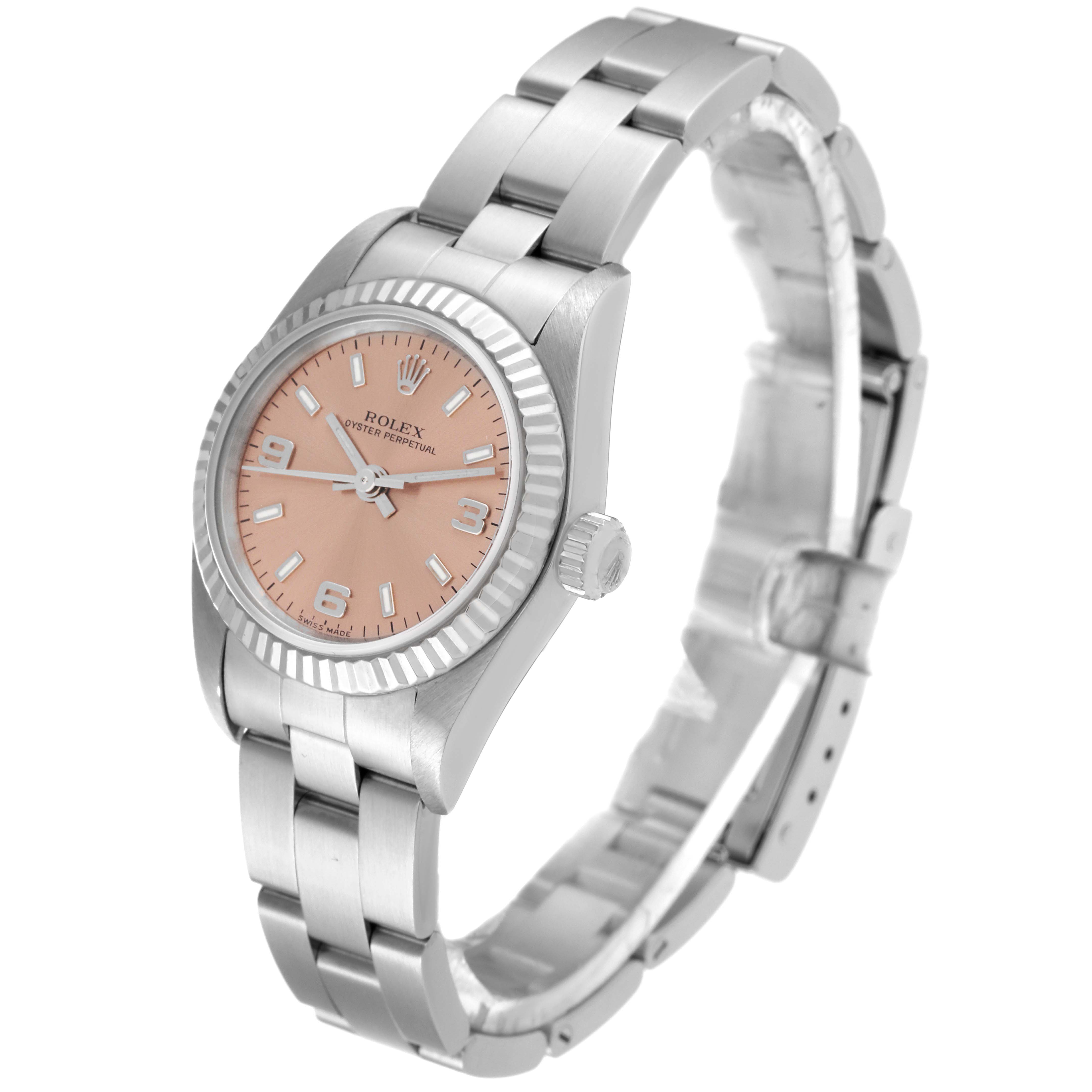 The Rolex Oyster Perpetual 76094 Women
s Stainless Steel Pink Dial 76094 Women
s Stainless Steel Pink Dial watch is shown from a front angle highlighting its dial, bezel, crown, and bracelet.