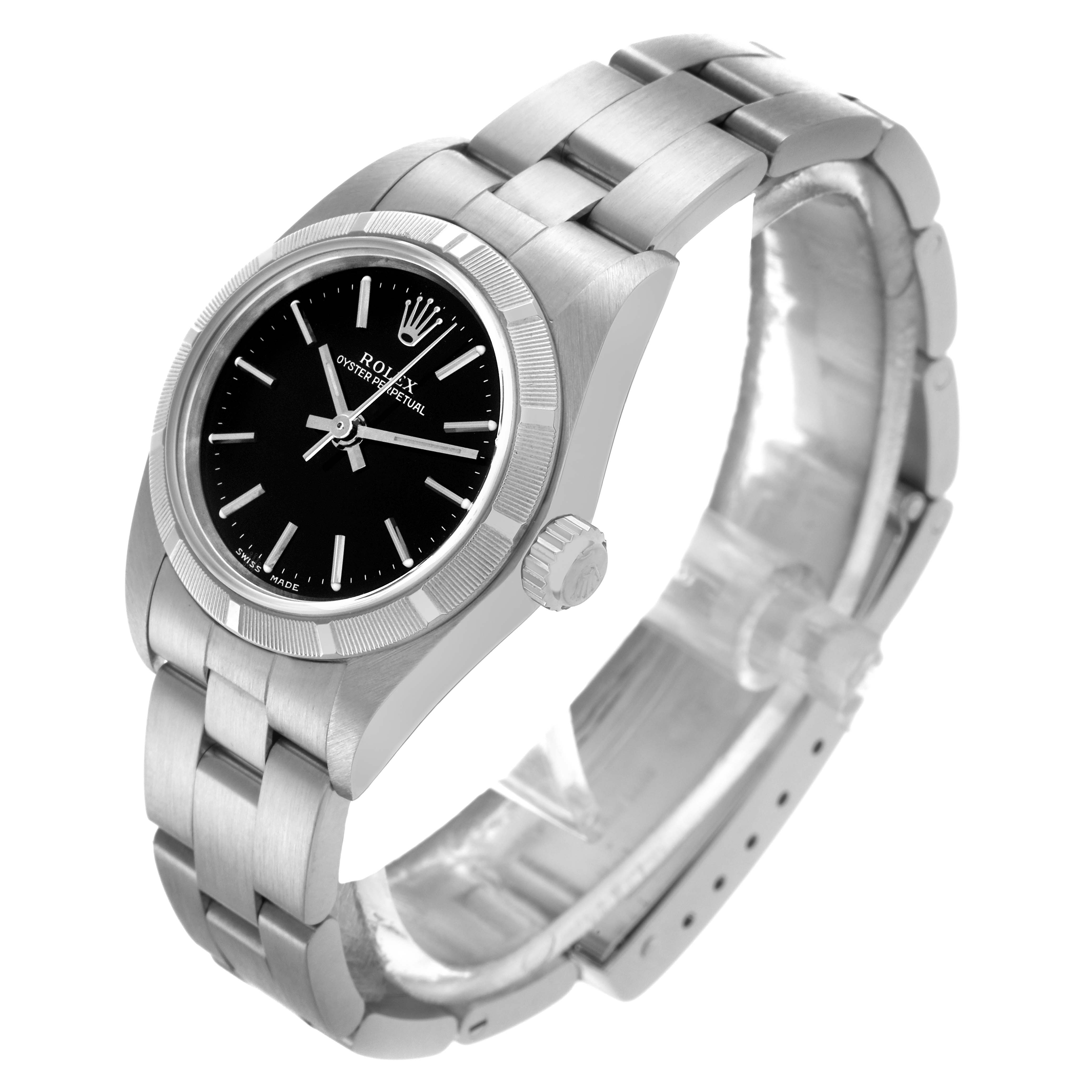The Rolex Oyster Perpetual 76030 Women's Stainless Steel Black Dial 76030 Women's Stainless Steel Black Dial watch is shown at a slight angle, highlighting the face, bezel, bracelet, and crown.
