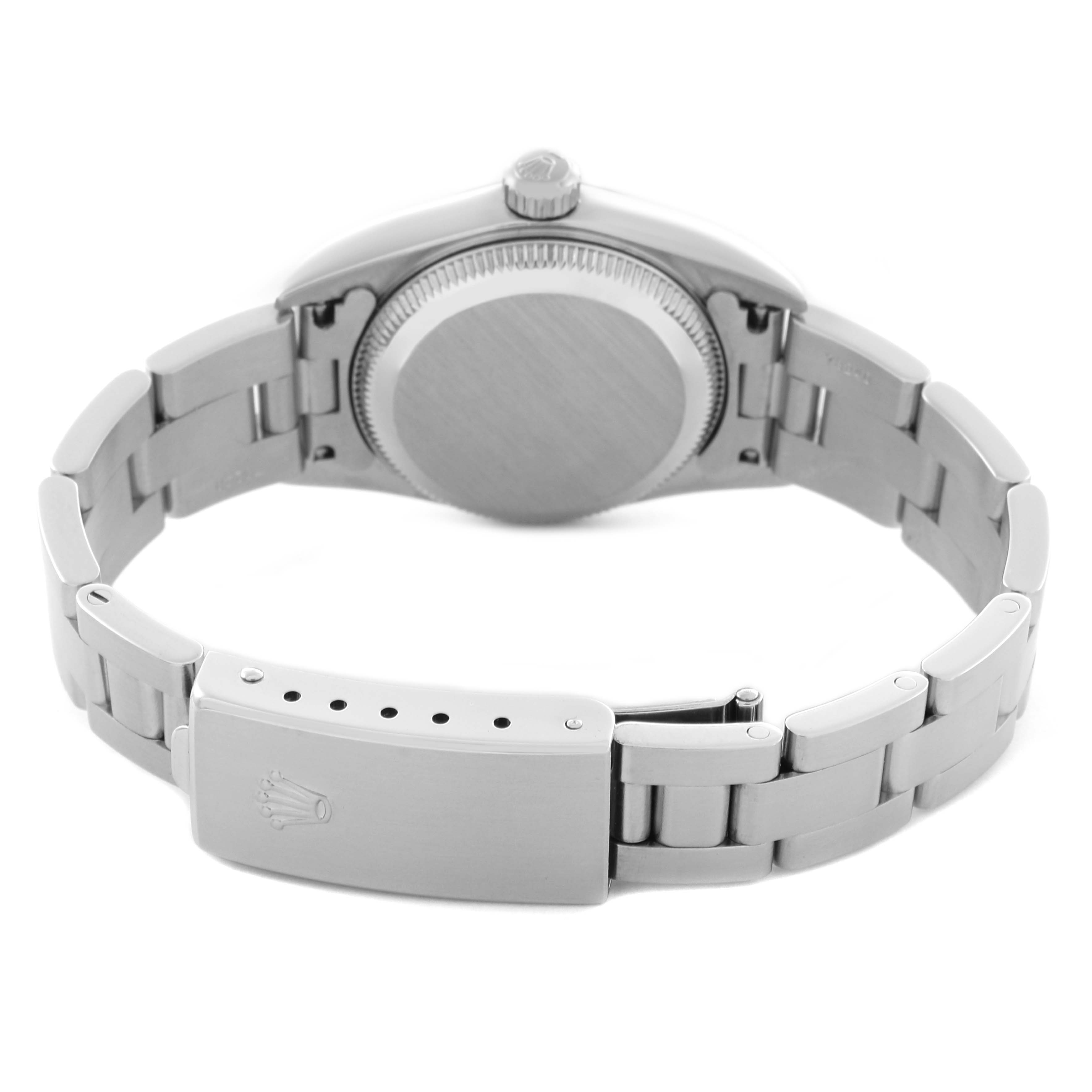 The Rolex Oyster Perpetual 76030 Women's Stainless Steel Black Dial 76030 Women's Stainless Steel Black Dial watch is shown from the back, highlighting the clasp, bracelet, and case back.