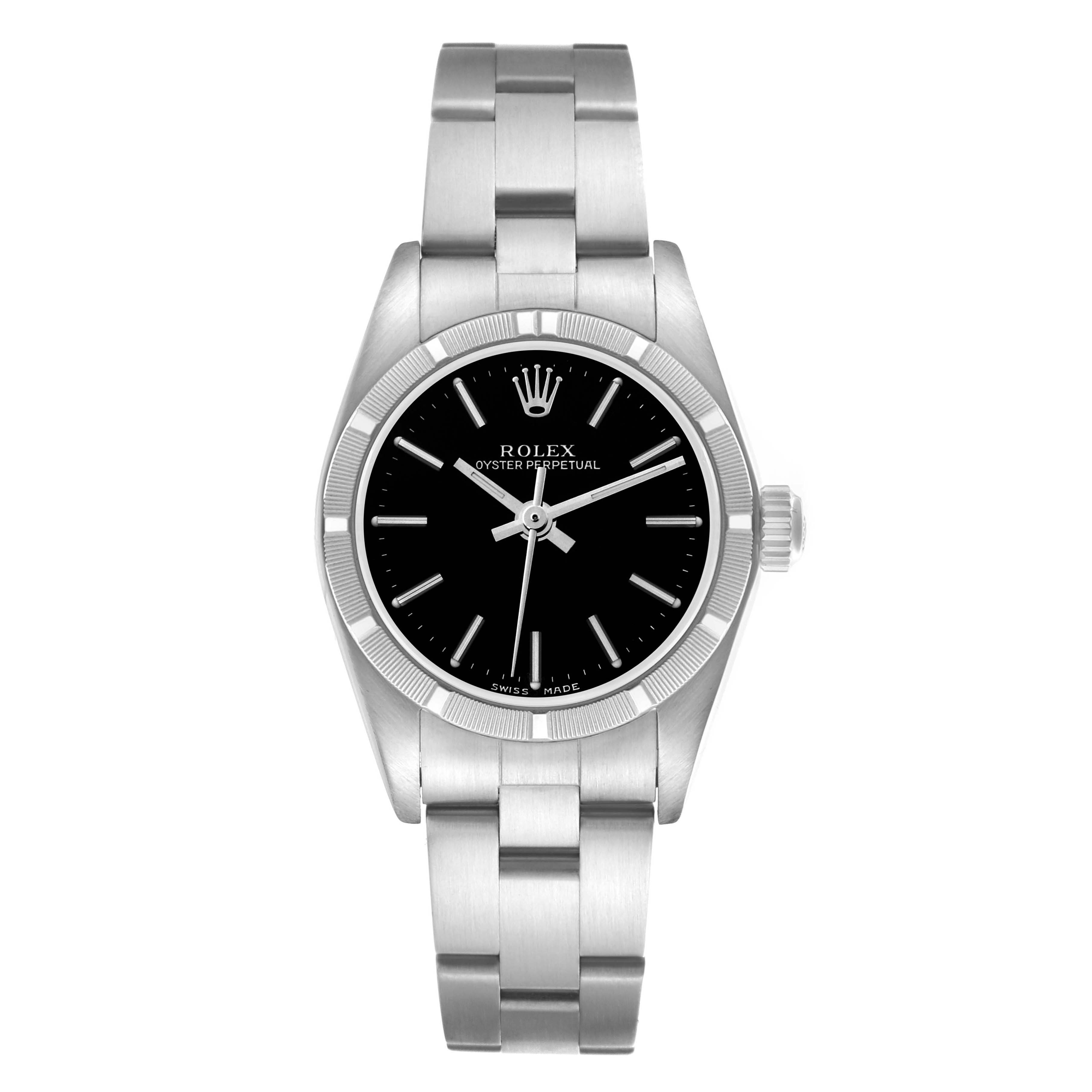 The Rolex Oyster Perpetual 76030 Women's Stainless Steel Black Dial 76030 Women's Stainless Steel Black Dial watch is shown from a top-down angle, displaying the face, bezel, and bracelet.