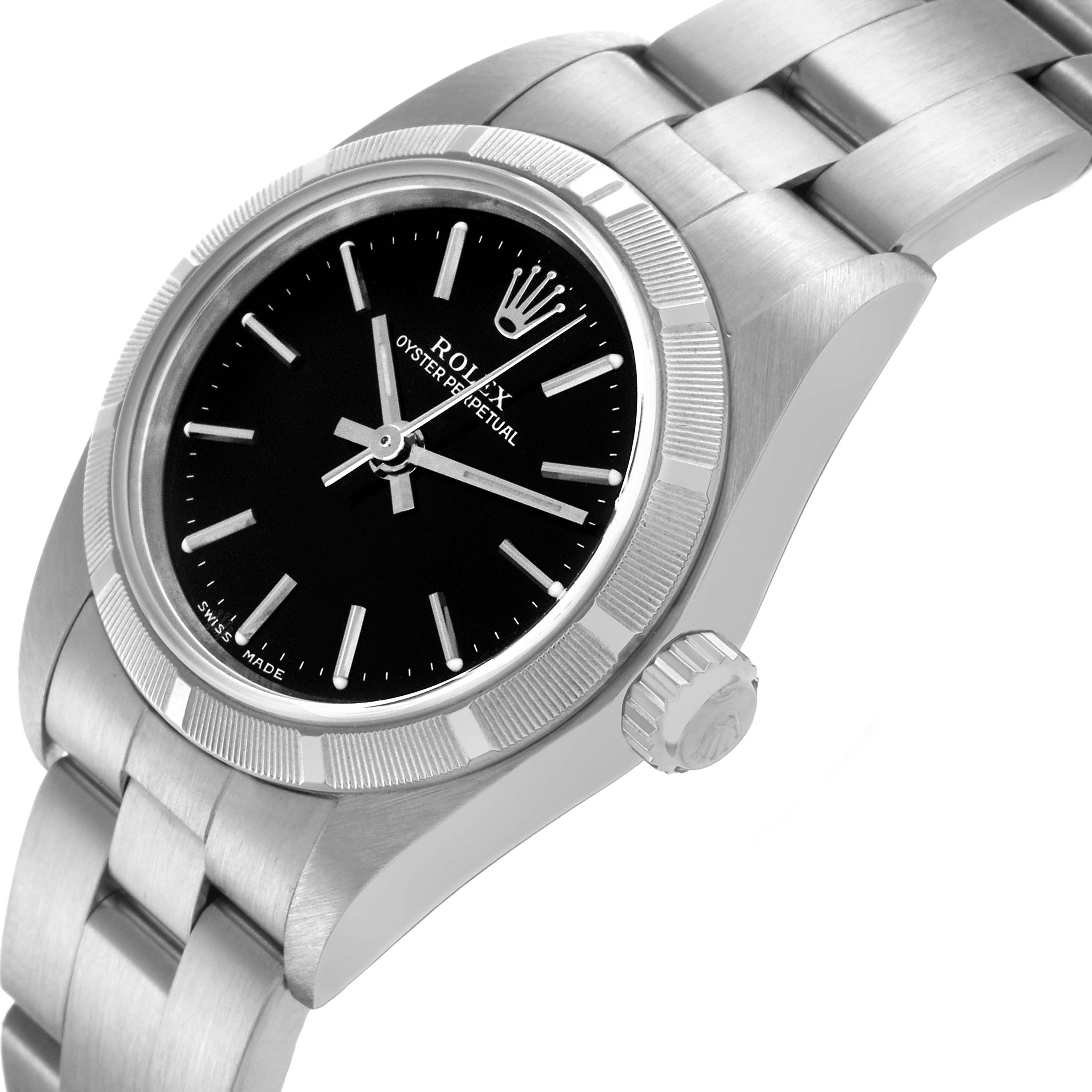The Rolex Oyster Perpetual 76030 Women's Stainless Steel Black Dial 76030 Women's Stainless Steel Black Dial watch is shown at a slight angle, displaying the face, bezel, crown, and part of the bracelet.