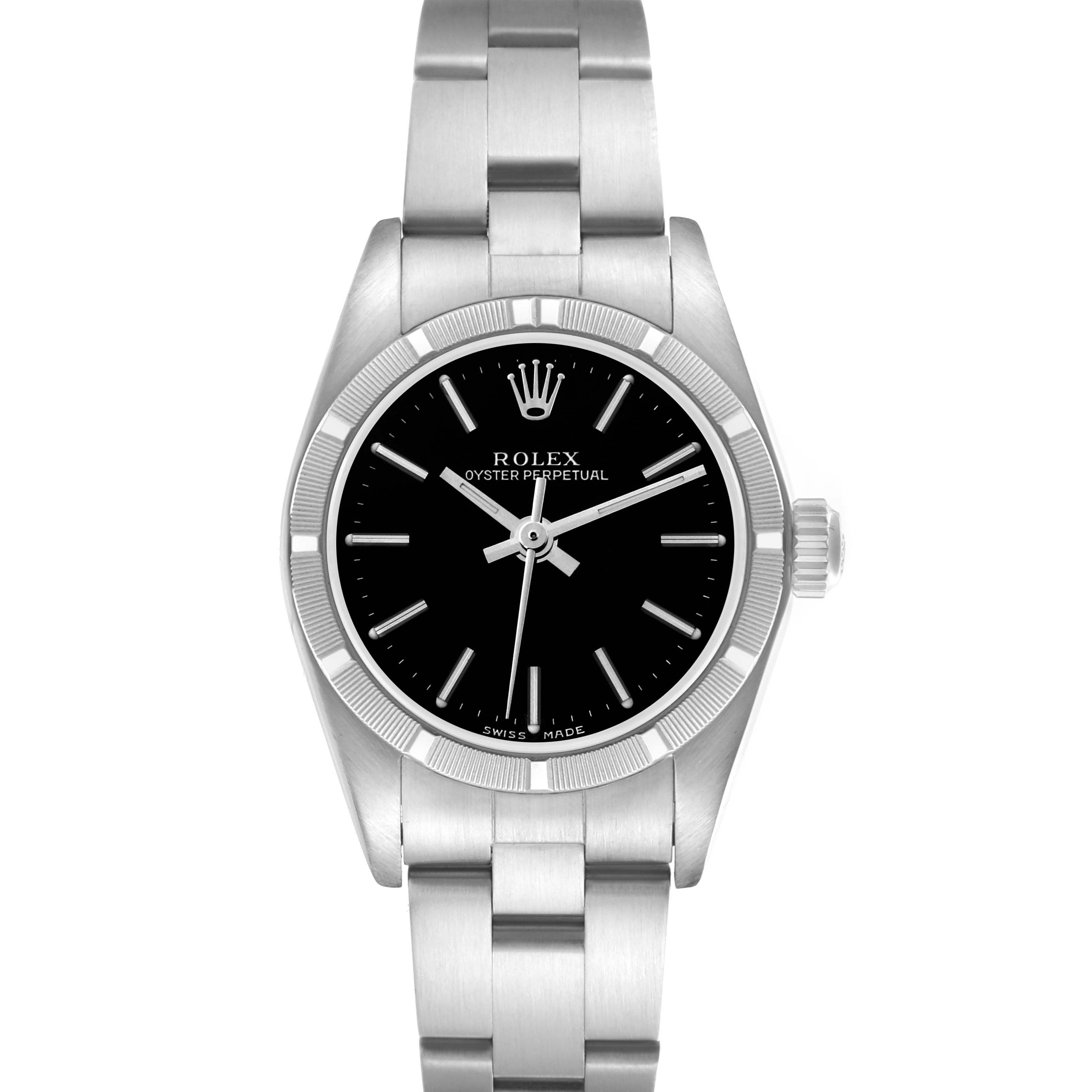 The Rolex Oyster Perpetual 76030 Women's Stainless Steel Black Dial 76030 Women's Stainless Steel Black Dial watch is shown from a direct front angle, displaying the dial, bezel, case, and bracelet.