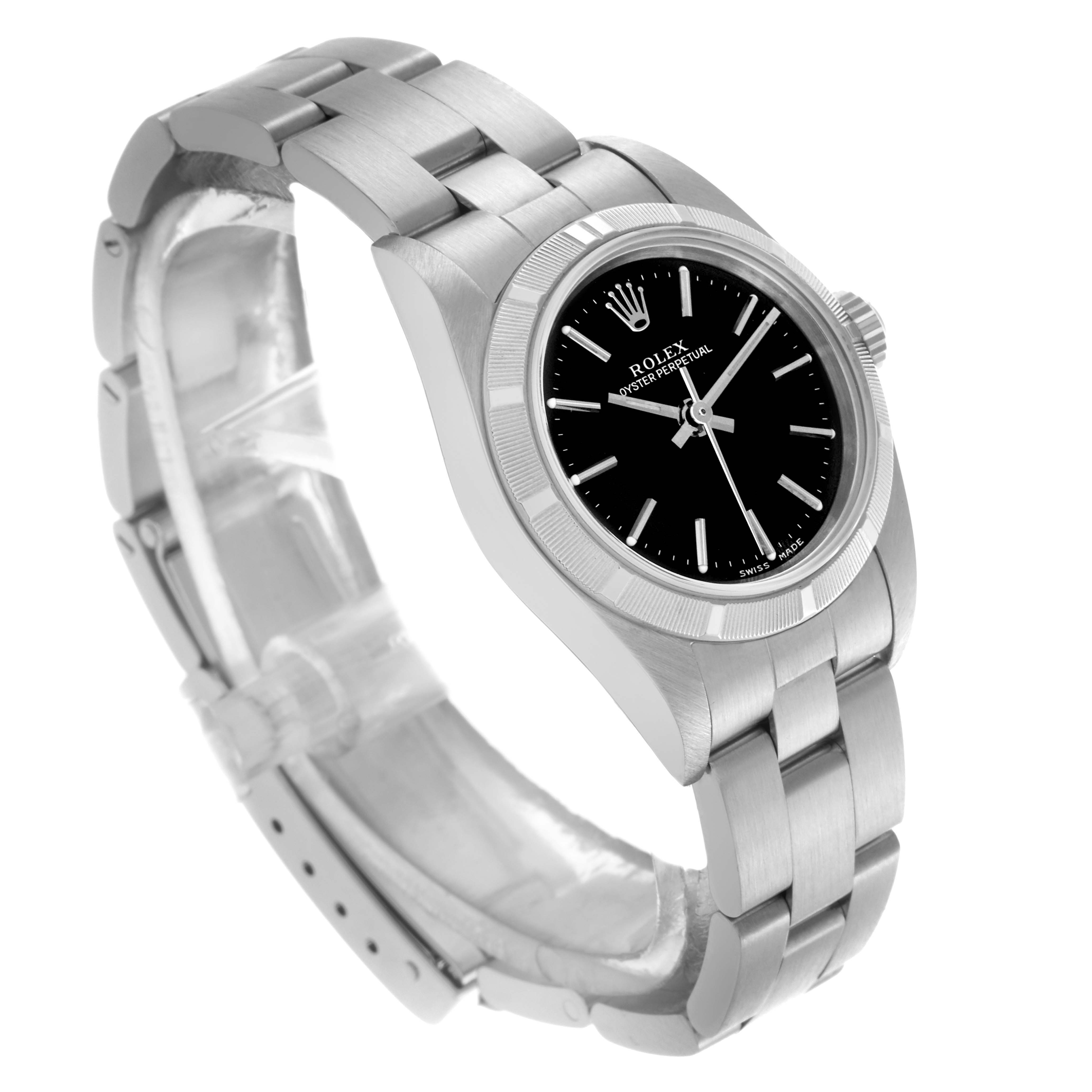 The Rolex Oyster Perpetual 76030 Women's Stainless Steel Black Dial 76030 Women's Stainless Steel Black Dial is shown from a three-quarter angle, highlighting the face, bezel, and bracelet.