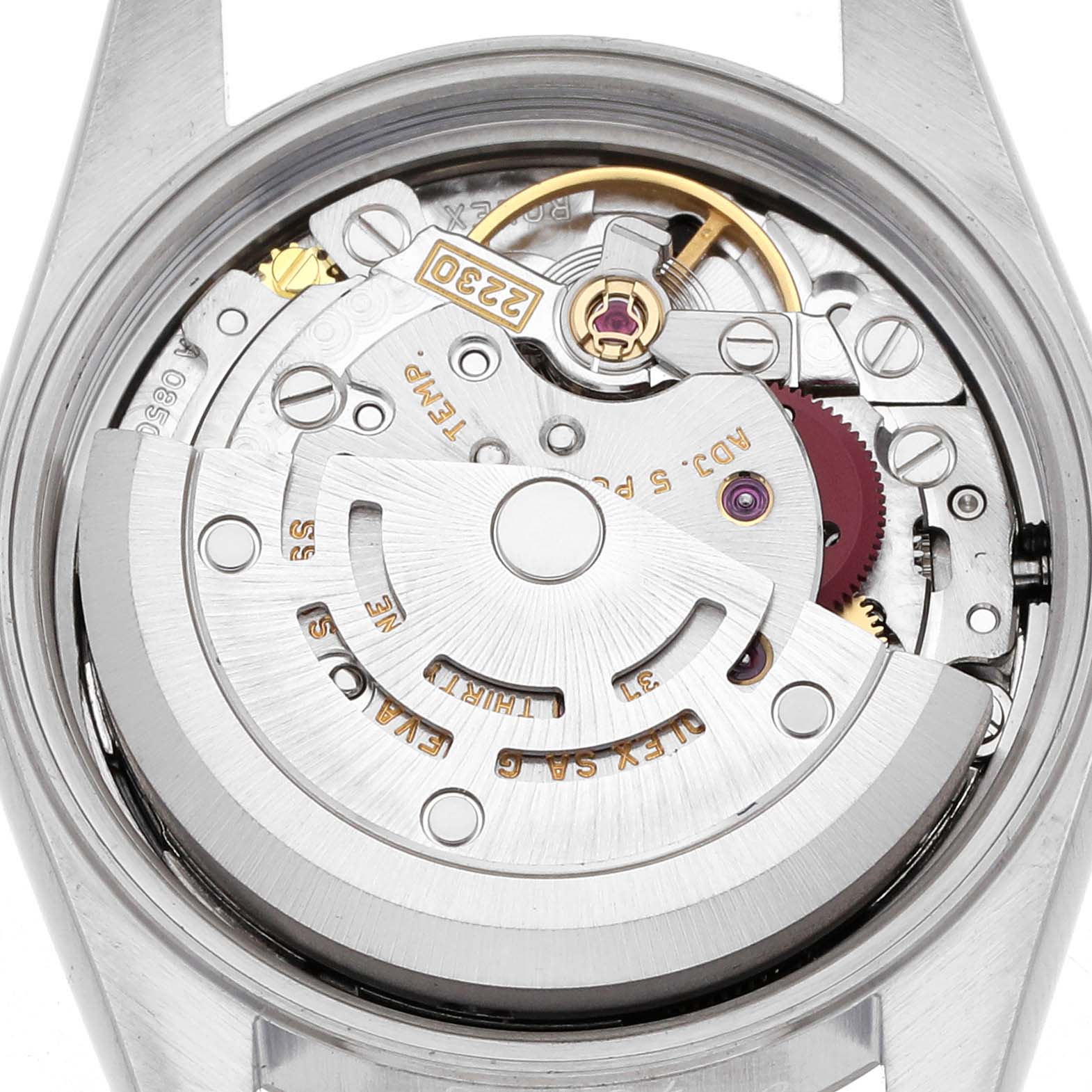 The image shows a close-up of the Rolex Oyster Perpetual 76030 Women's Stainless Steel Black Dial 76030 Women's Stainless Steel Black Dial watch's movement from the back, highlighting its intricate internal components.