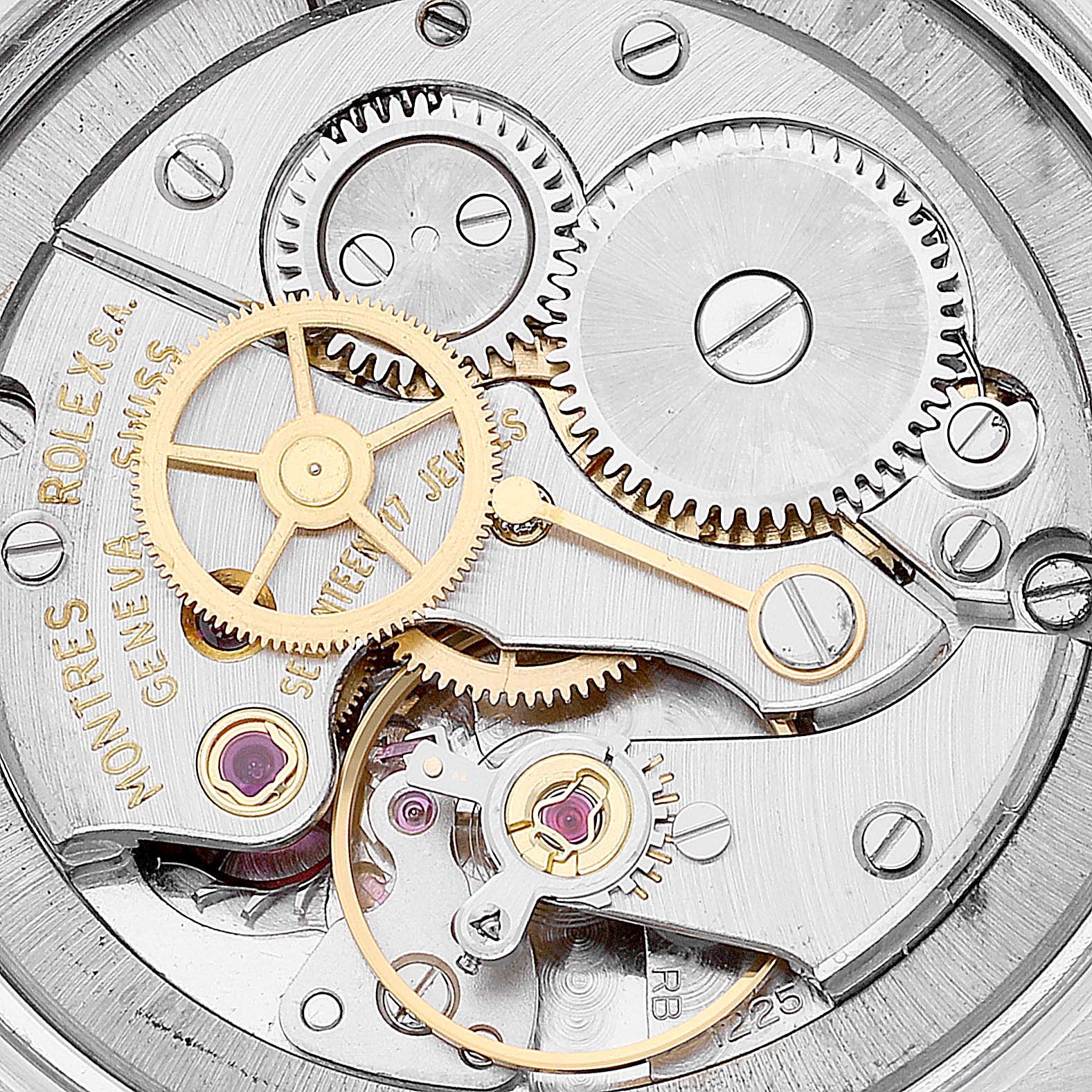 This close-up shot displays the intricate inner mechanical components of a Rolex Vintage Collection 6426 Men's Stainless Steel Silver Dial 6426 Men's Stainless Steel Silver Dial model.
