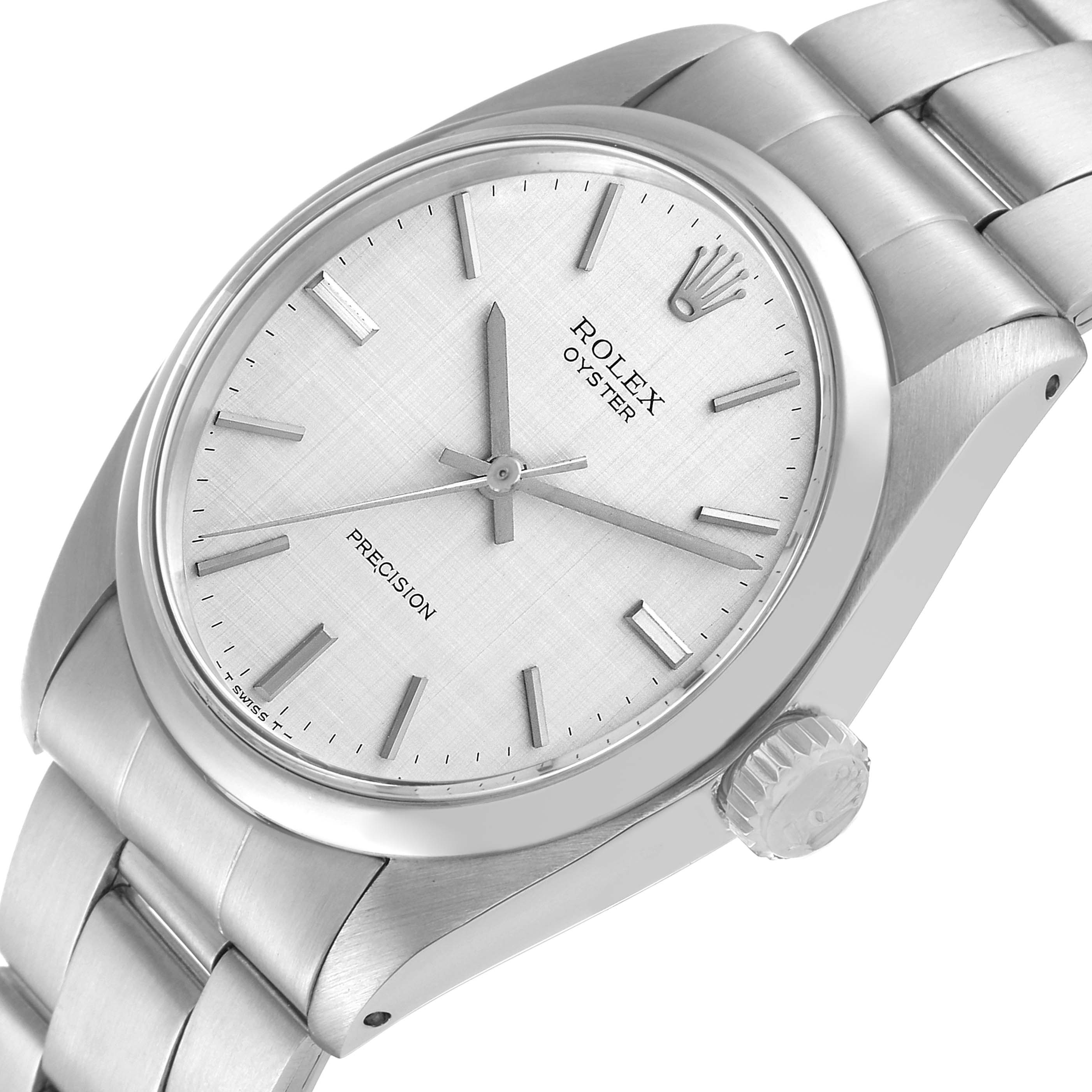 The Rolex Vintage Collection 6426 Men's Stainless Steel Silver Dial 6426 Men's Stainless Steel Silver Dial Precision model is shown at an angle focusing on the dial, crown, and portion of the bracelet.