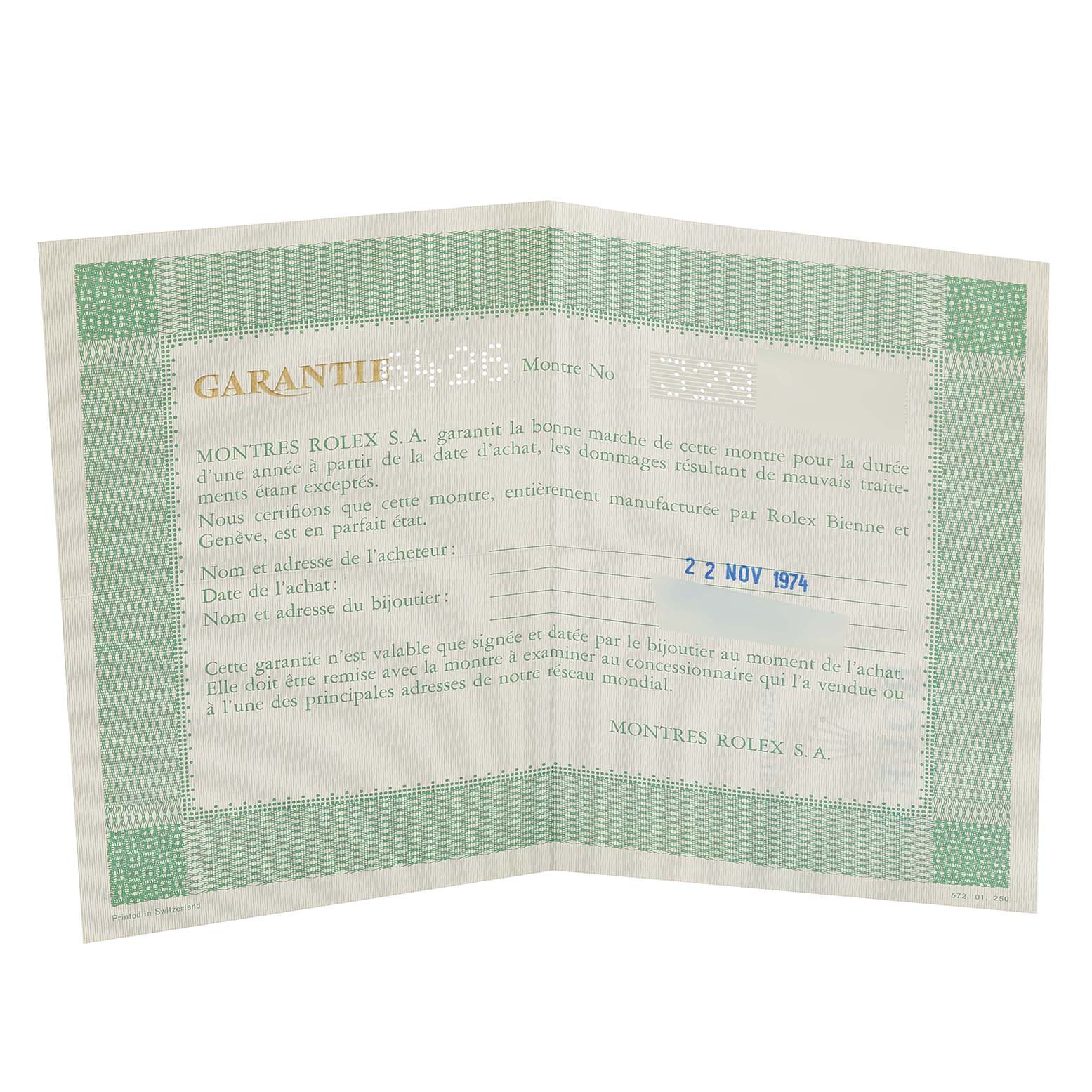 This image shows the guarantee or warranty certificate for a Vintage Collection model by Rolex dated November 22, 1974.