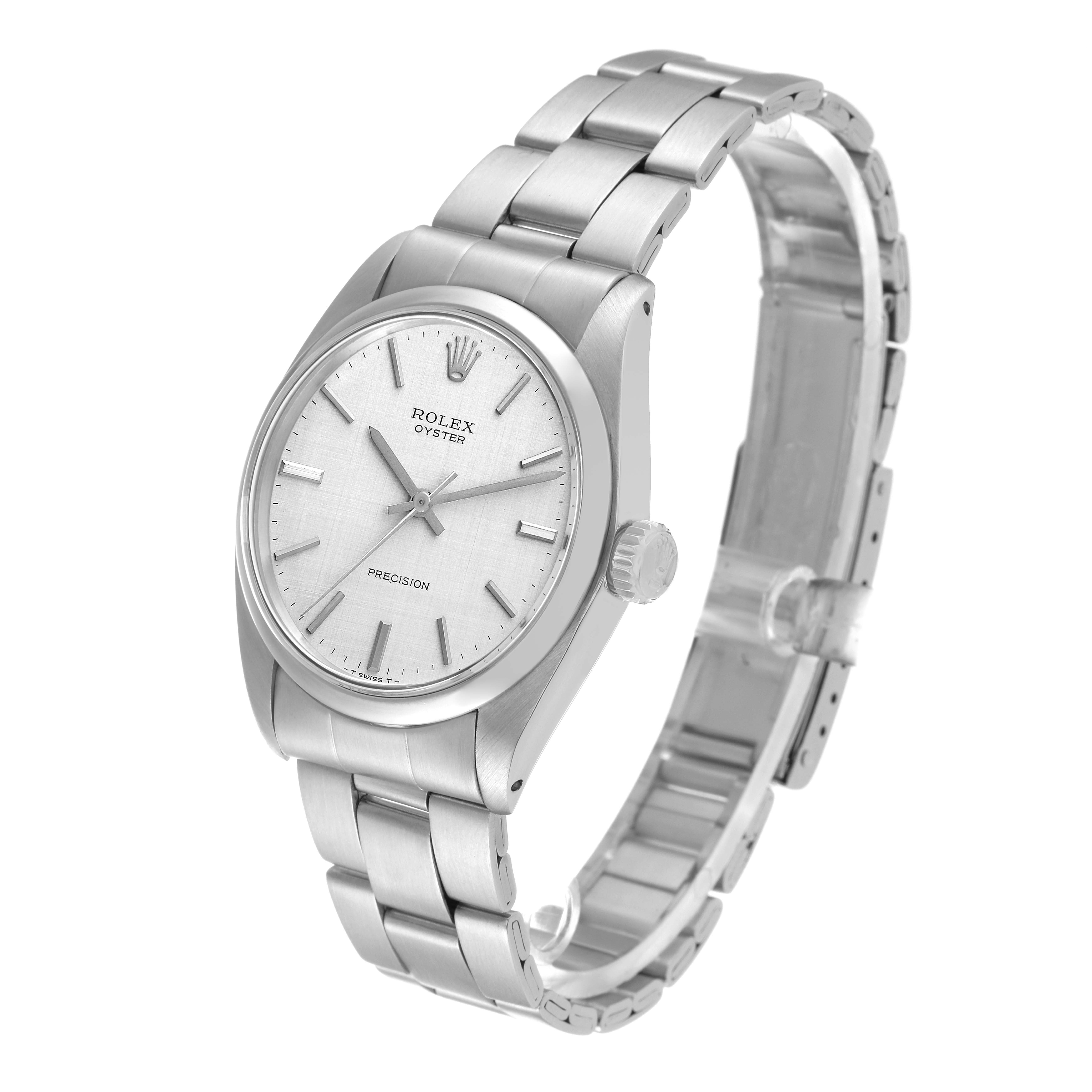 The image shows a side and slight top view of the Rolex Oyster Vintage Collection model, displaying its face, bezel, crown, and bracelet.